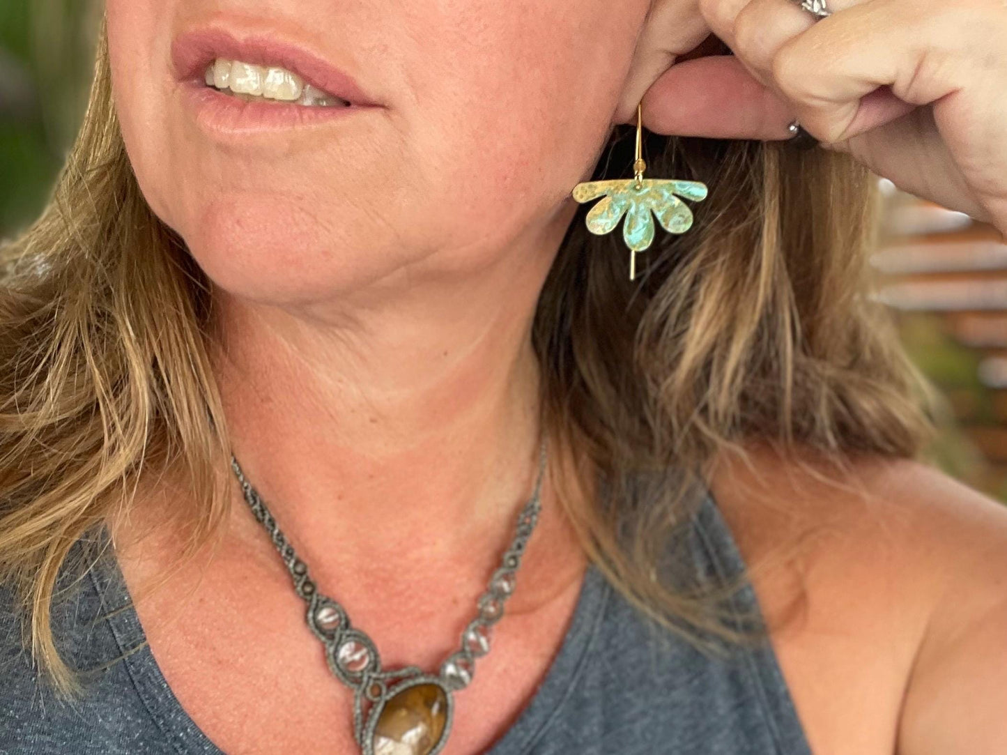 Handmade flower earrings. Rustic earrings, unusual earrings, unusual gift for her, blue earrings, boho earrings, boho jewellery, hippy gift