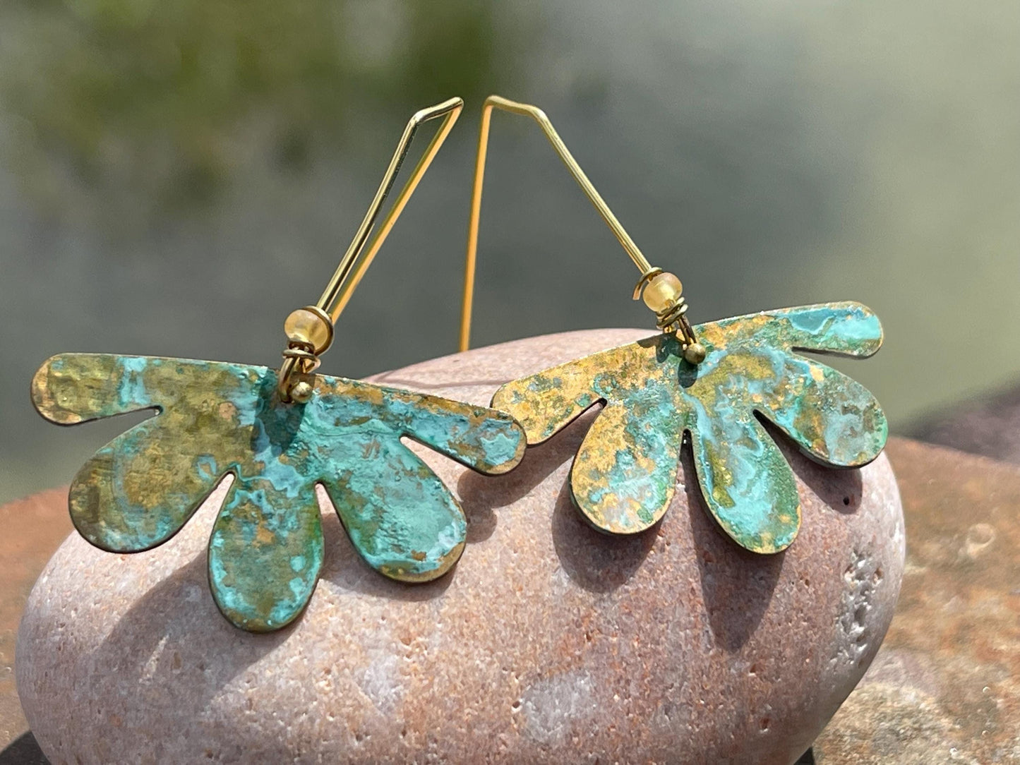 Handmade flower earrings. Rustic earrings, unusual earrings, unusual gift for her, blue earrings, boho earrings, boho jewellery, hippy gift