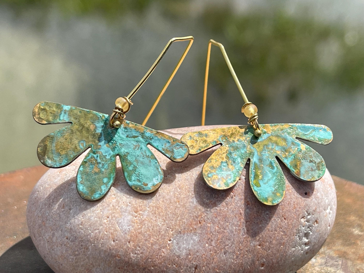 Handmade flower earrings. Rustic earrings, unusual earrings, unusual gift for her, blue earrings, boho earrings, boho jewellery, hippy gift
