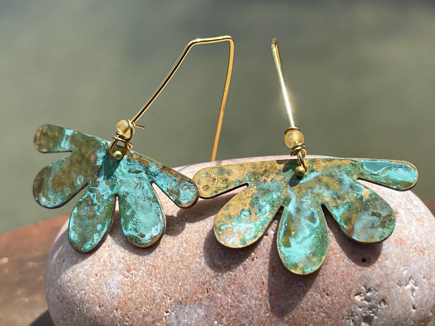 Handmade flower earrings. Rustic earrings, unusual earrings, unusual gift for her, blue earrings, boho earrings, boho jewellery, hippy gift
