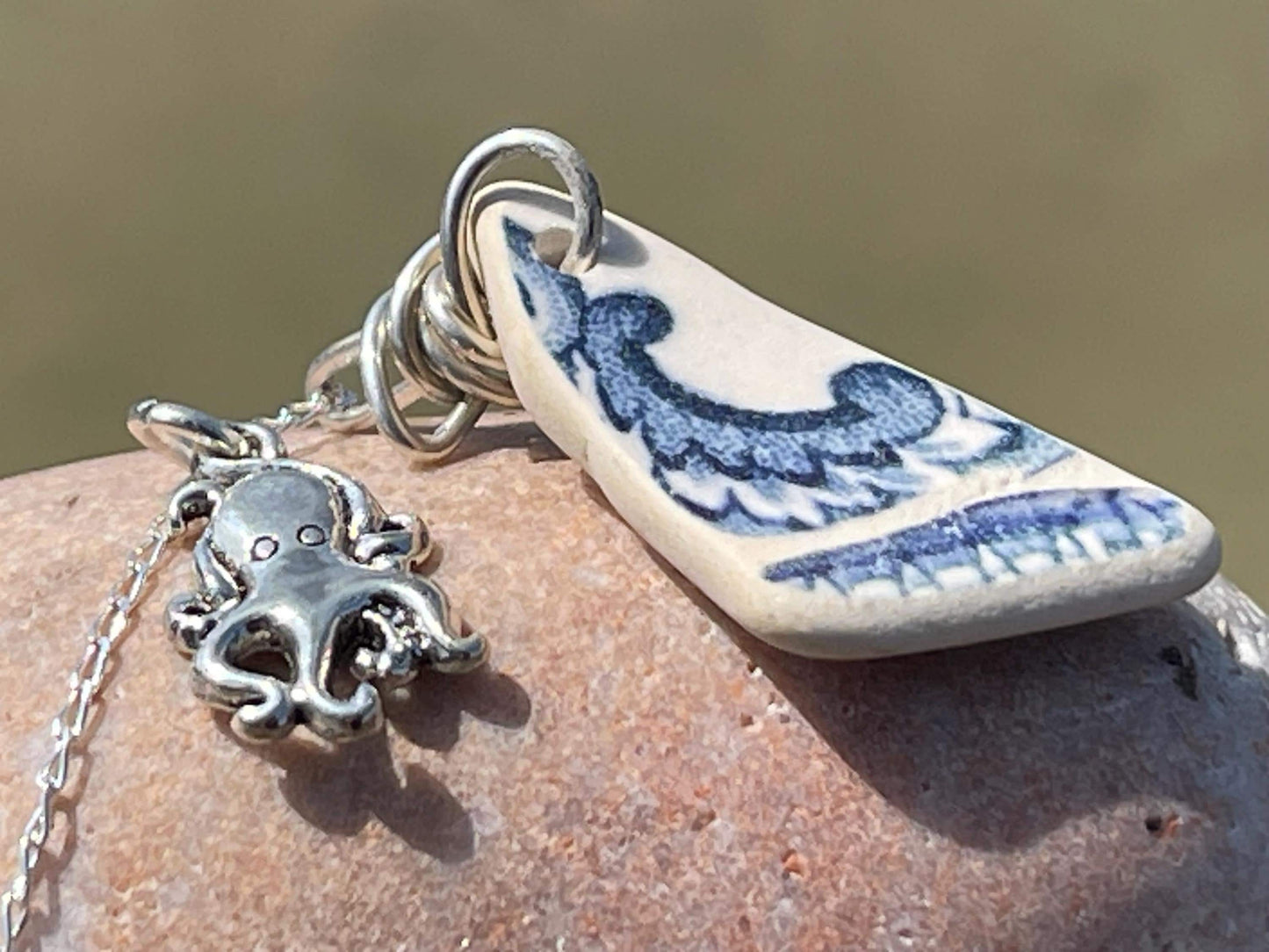 Eco friendly sea ceramic necklace on a recycled sterling silver chain showcasing a little octopus pendant, octopus necklace, eco jewellery