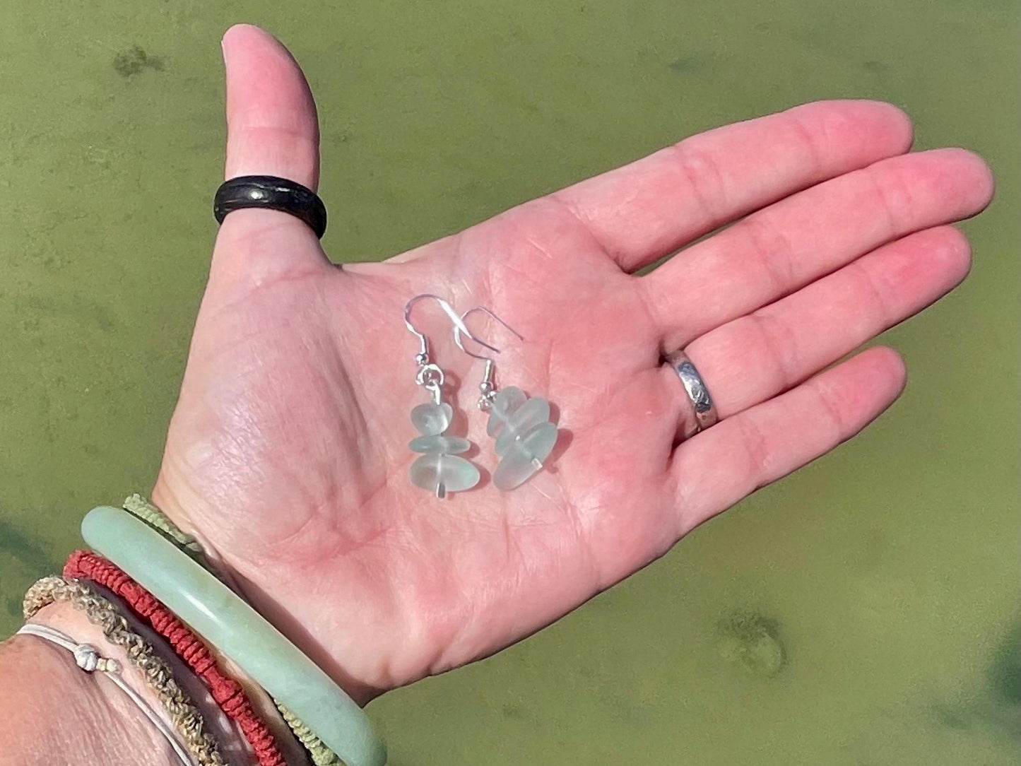 Handmade aqua sea glass earrings. Recycled earrings, Unique earrings, sea glass jewellery. Handmade gift for her. ethical jewellery