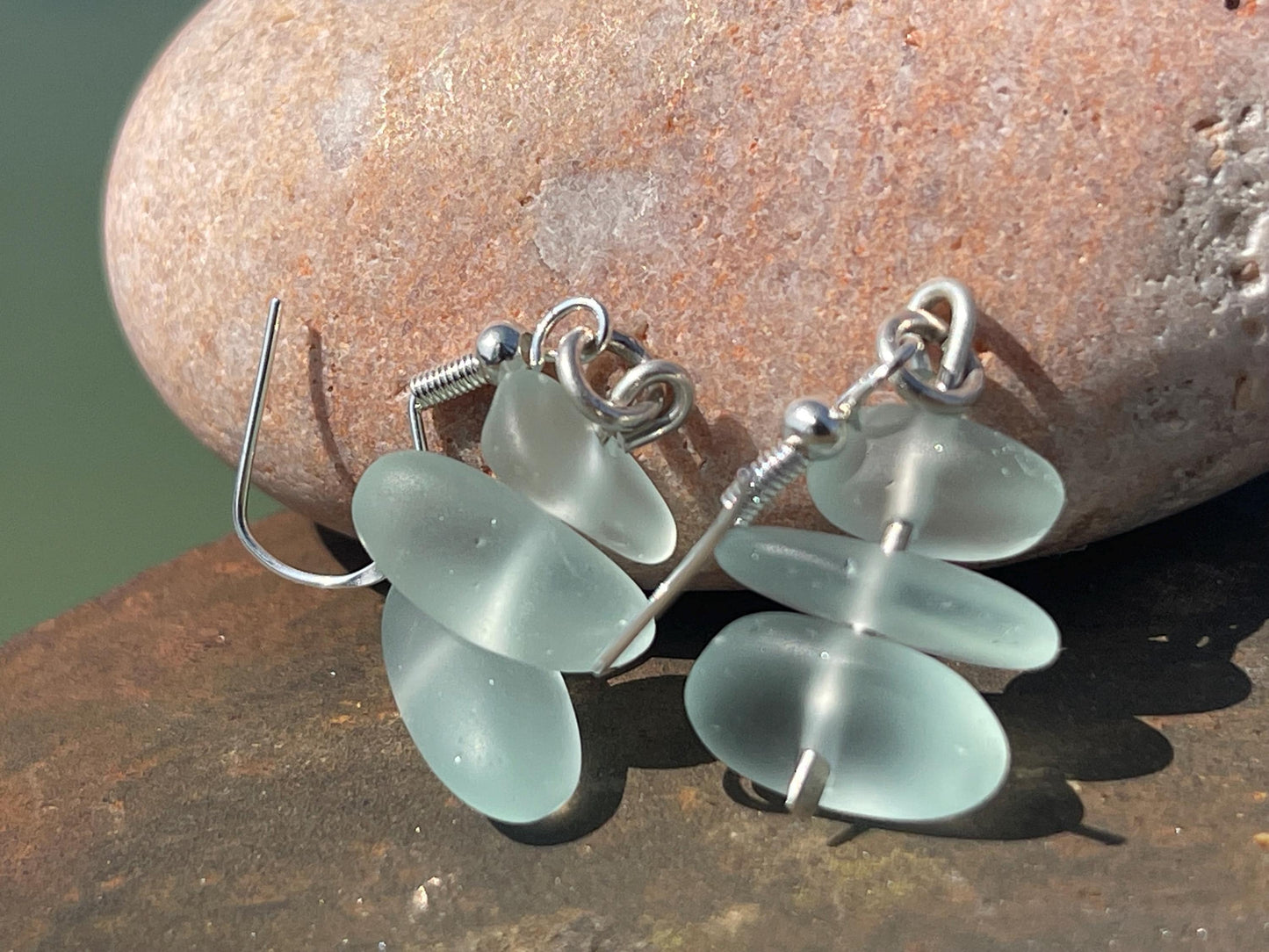 Handmade aqua sea glass earrings. Recycled earrings, Unique earrings, sea glass jewellery. Handmade gift for her. ethical jewellery