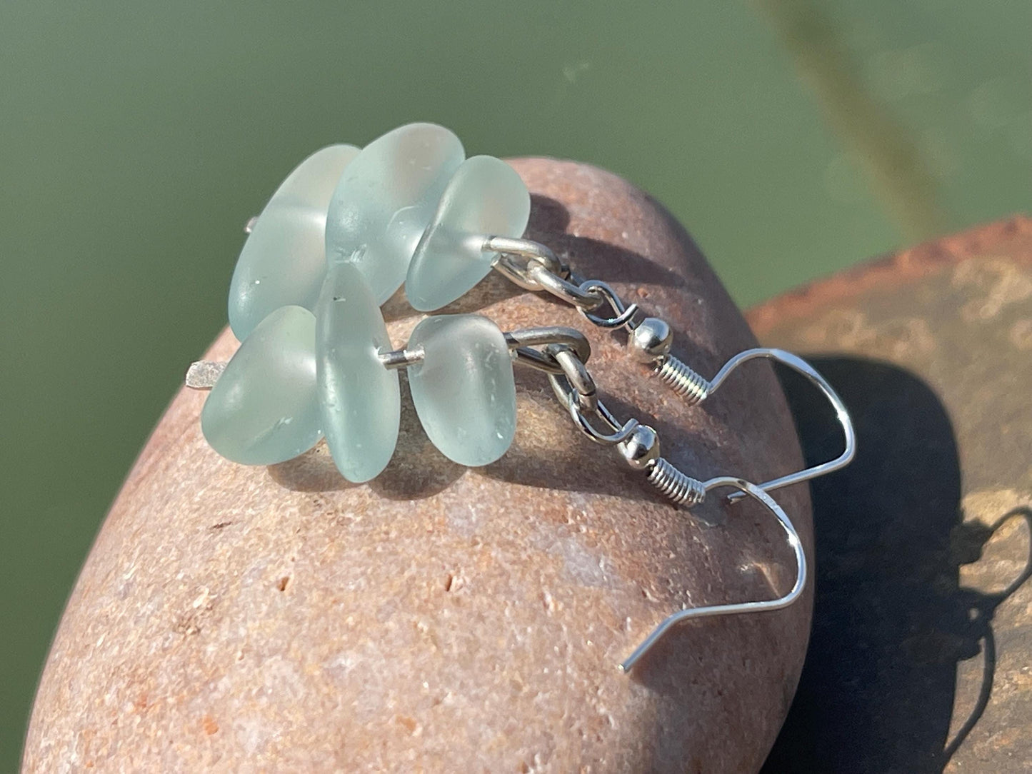 Handmade aqua sea glass earrings. Recycled earrings, Unique earrings, sea glass jewellery. Handmade gift for her. ethical jewellery