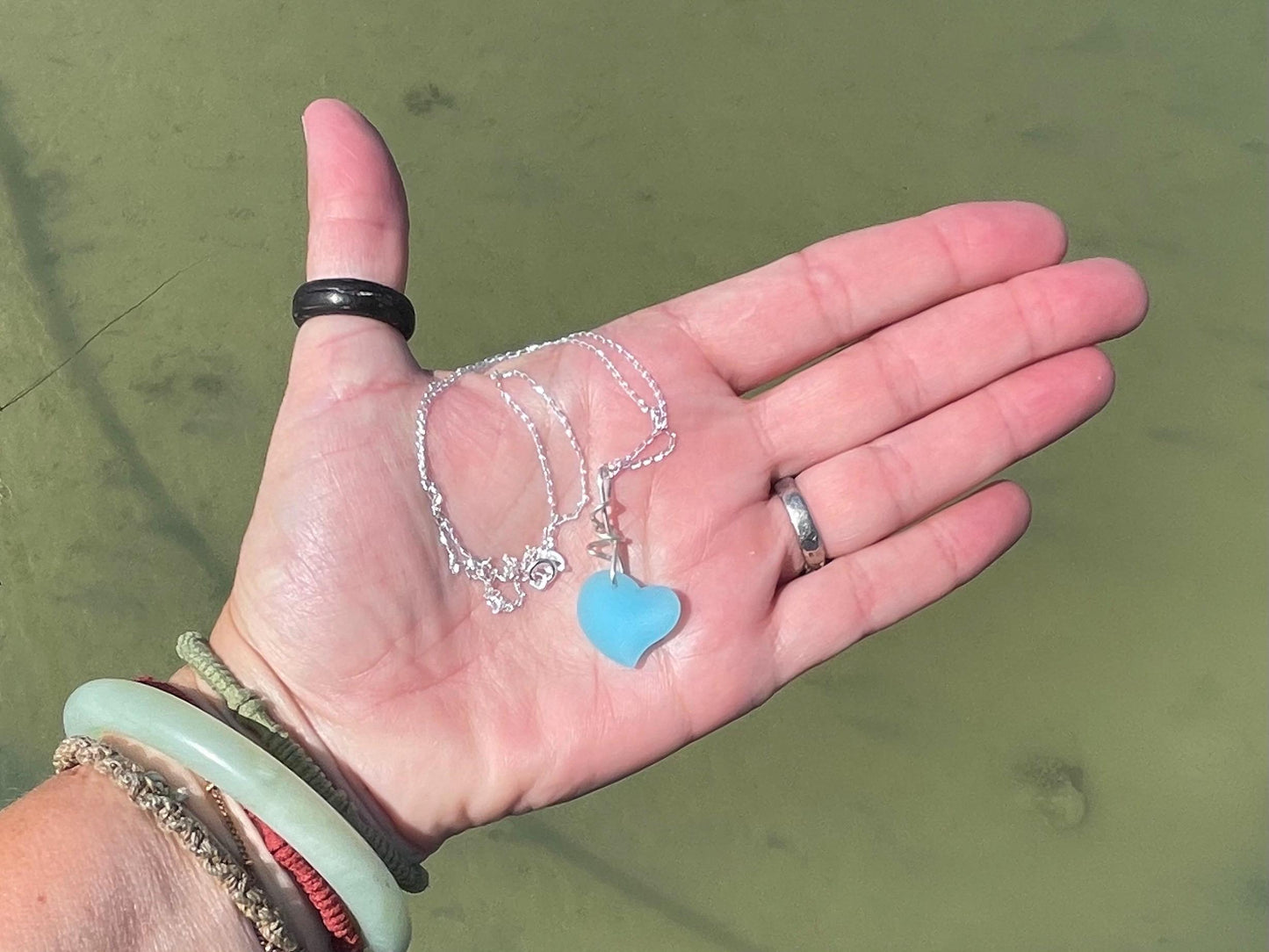 Sea glass heart necklace. Recycled necklace, gift for him. Ethical jewellery. Sea glass pendant. Eco friendly necklace, boho surf jewellery