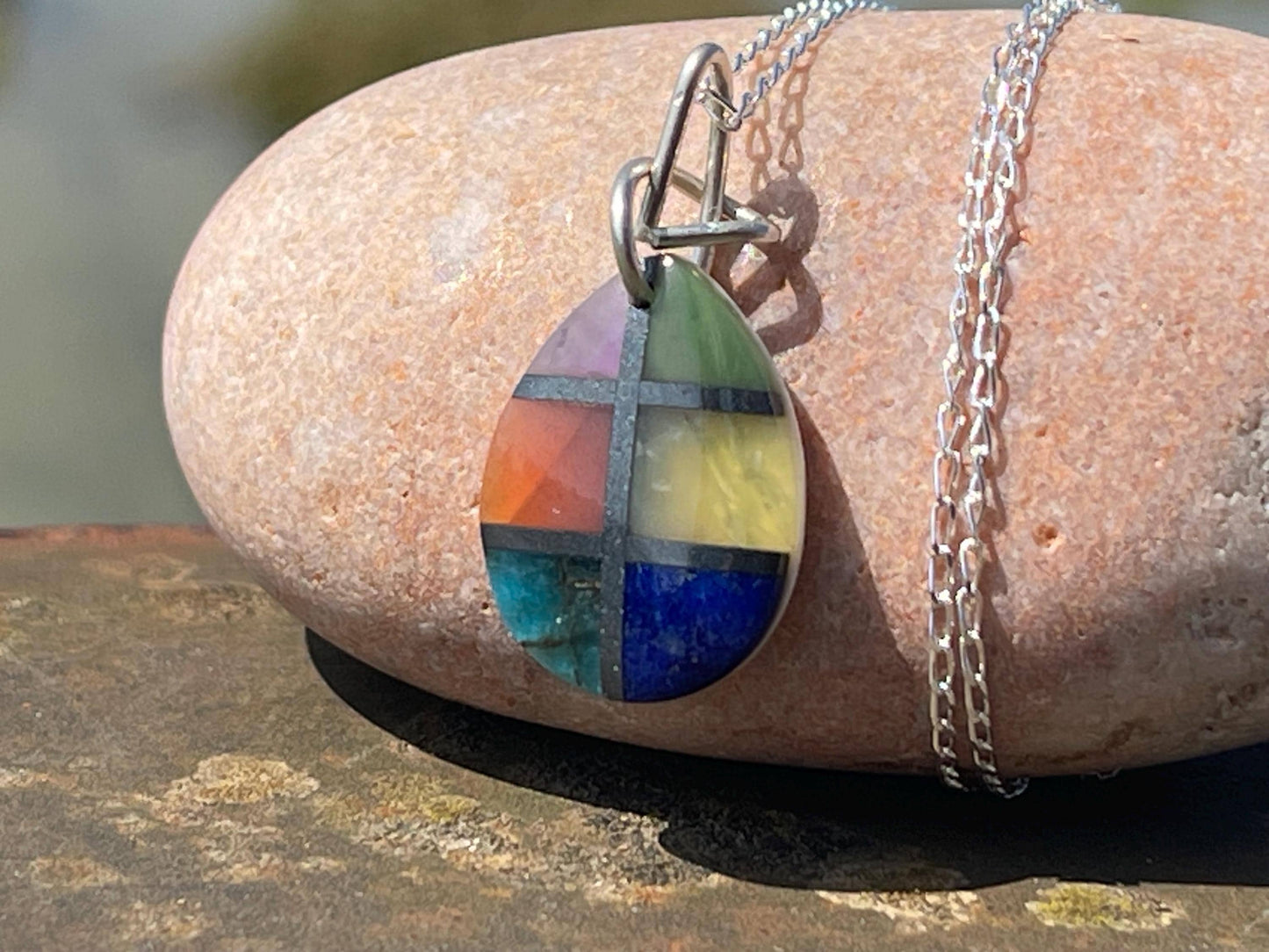 Fused gemstone necklace on recycled sterling silver. Ethical jewellery, lStunning unique jewellery. Unusual pendants.