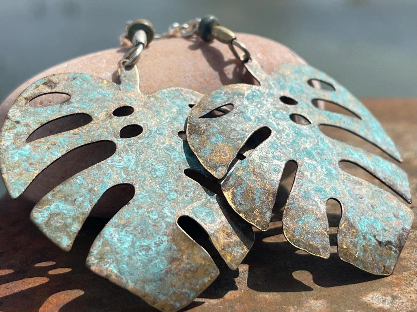 Handmade leaf earrings. Rustic earrings, unusual earrings, unusual gift for her, blue earrings, boho earrings, large statement earrings.