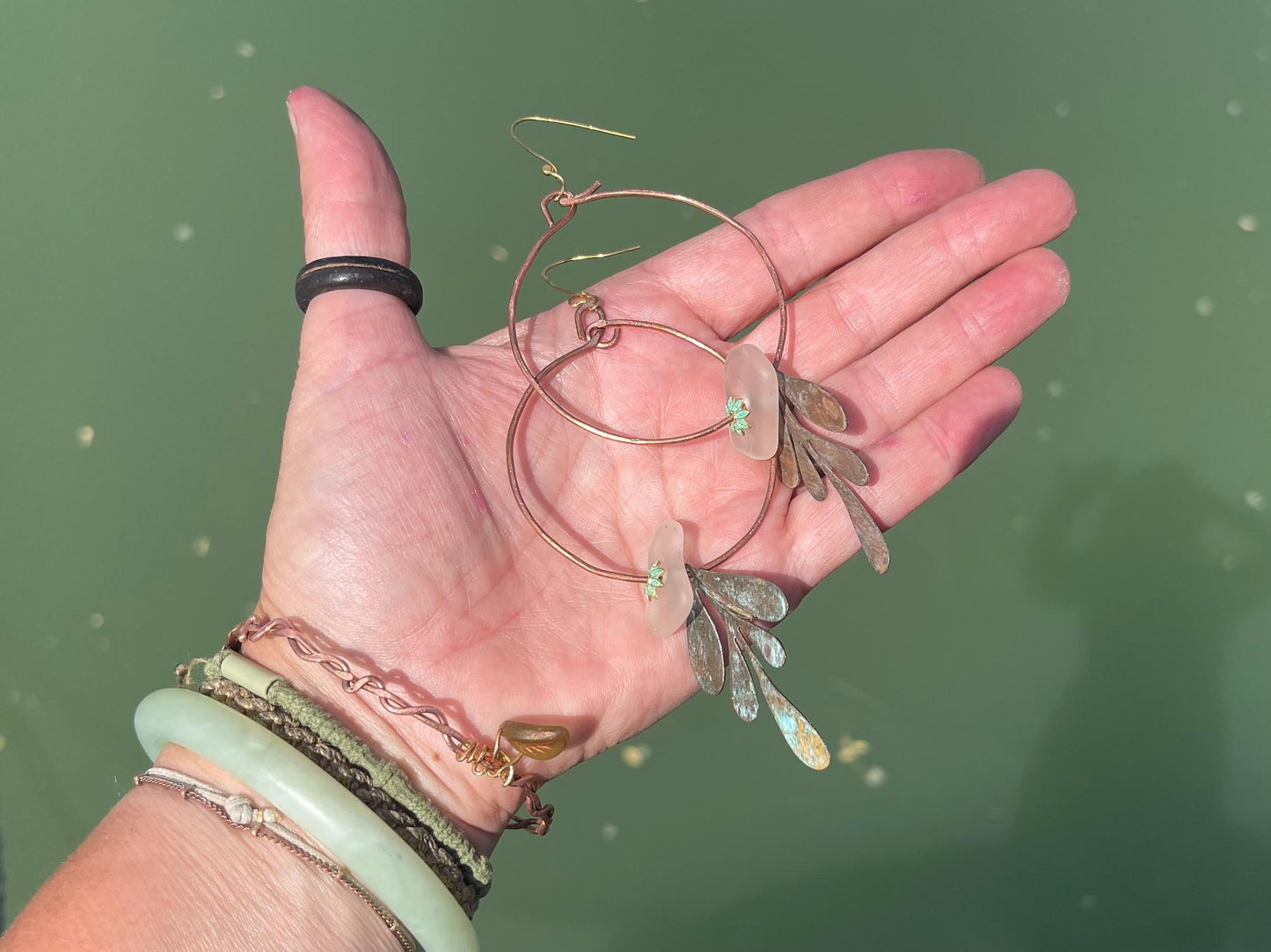 Eco friendly large sea glass & recycled copper earrings. Unique earrings, ethical jewellery, unusual boho jewellery, eco friendly jewellery.