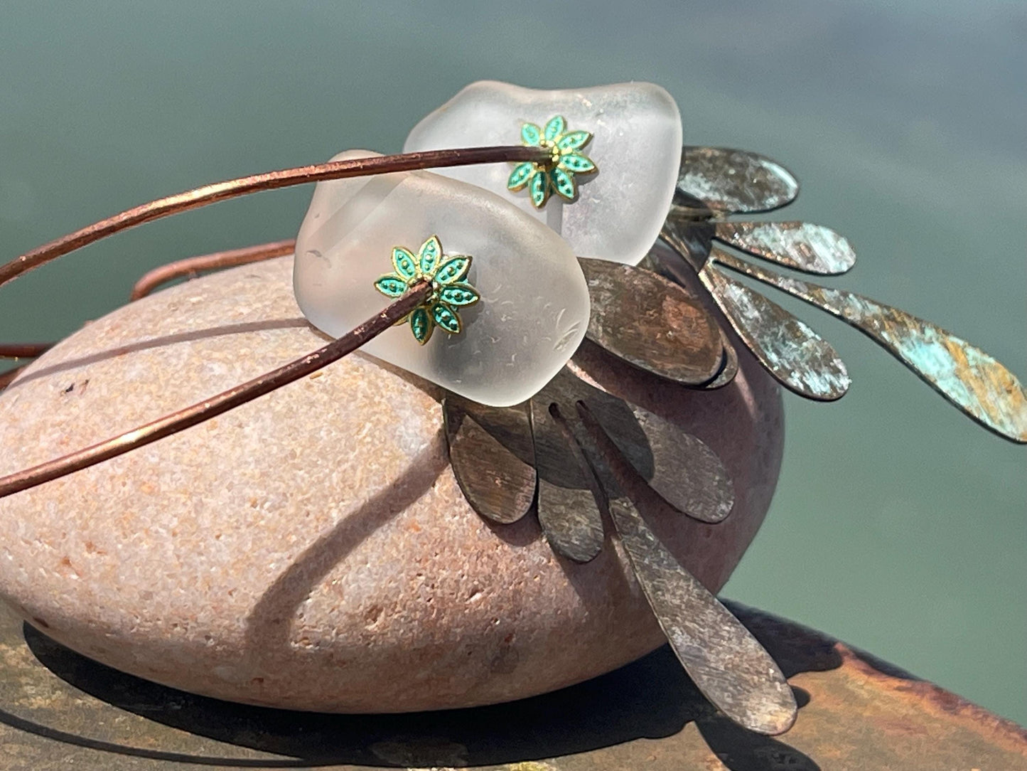 Eco friendly large sea glass & recycled copper earrings. Unique earrings, ethical jewellery, unusual boho jewellery, eco friendly jewellery.