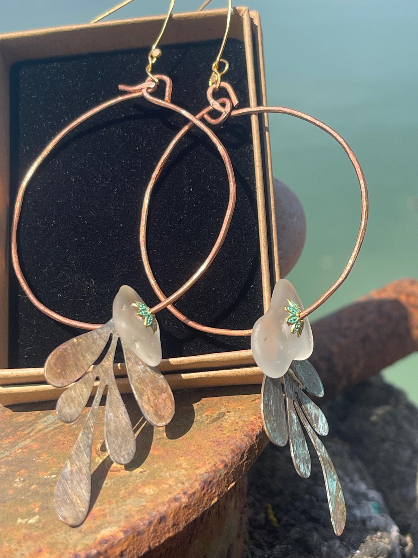Eco friendly large sea glass & recycled copper earrings. Unique earrings, ethical jewellery, unusual boho jewellery, eco friendly jewellery.