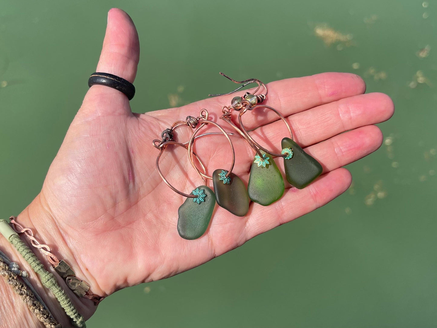 Eco friendly glass hoops on recycled copper.. Unique earrings, ethical jewellery, unusual boho jewellery, eco friendly jewellery. Eco gifts.