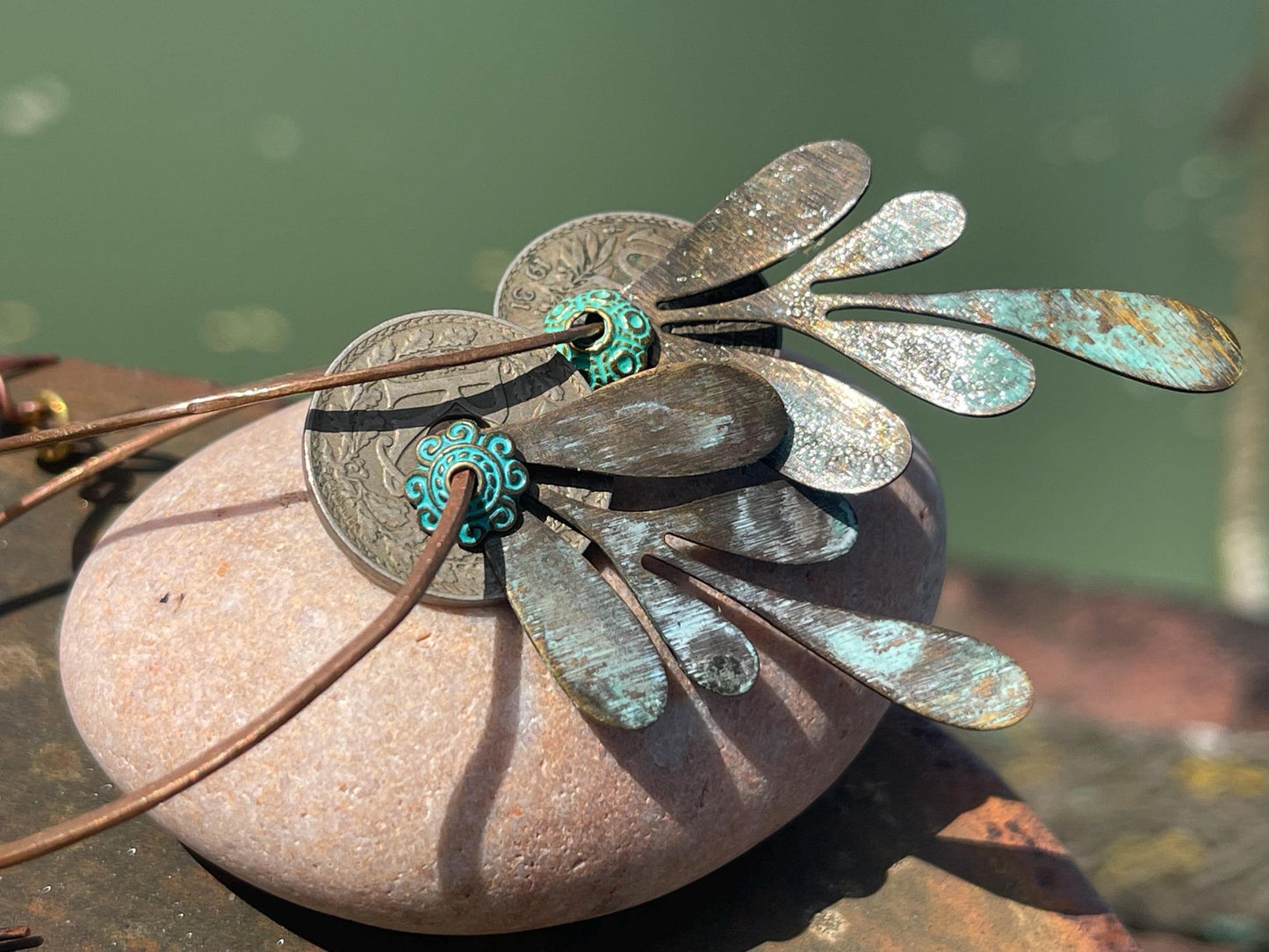 Eco friendly leaf & recycled copper earrings. Unique earrings, ethical jewellery, unusual boho jewellery, eco friendly jewellery.