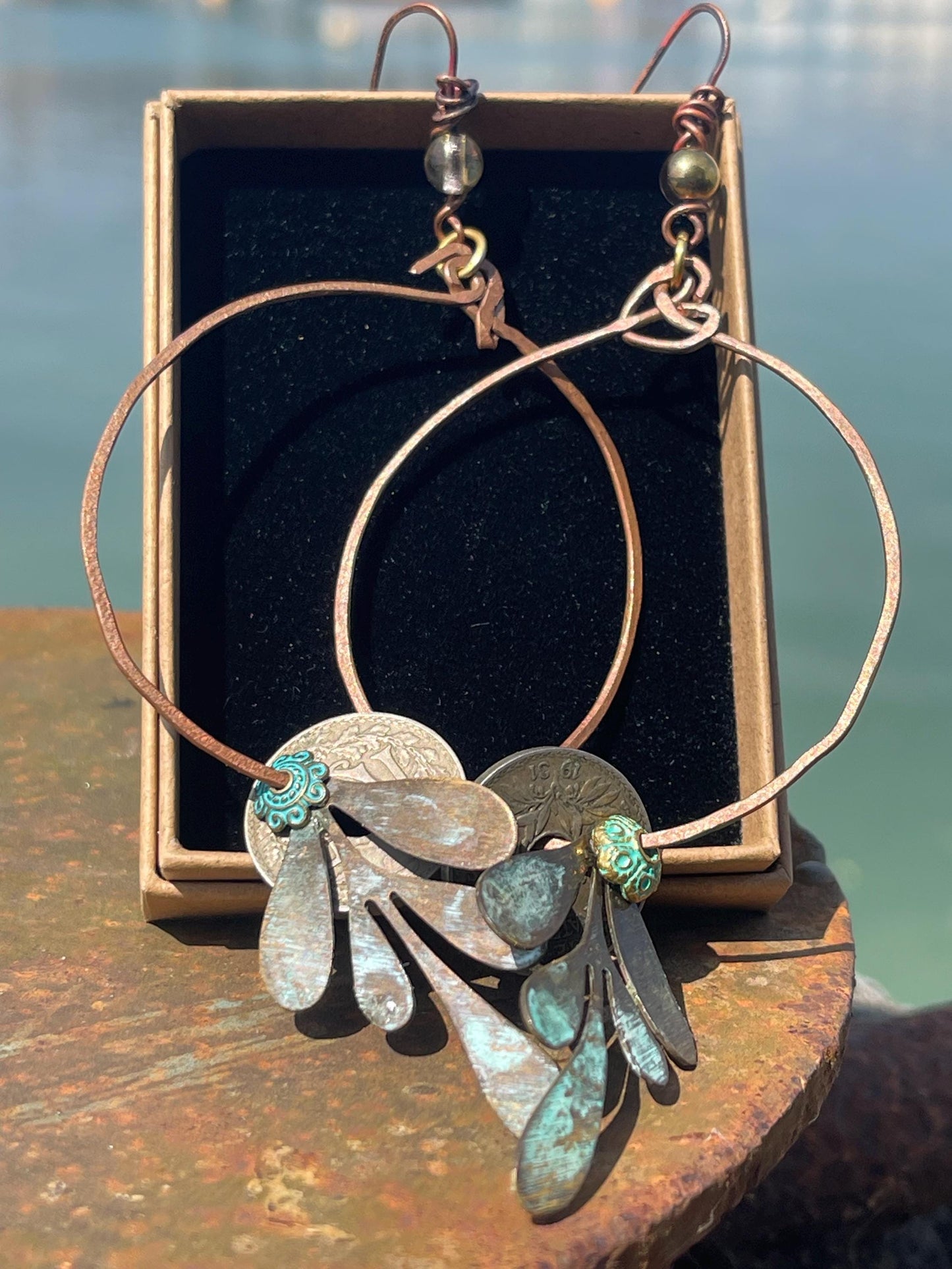 Eco friendly leaf & recycled copper earrings. Unique earrings, ethical jewellery, unusual boho jewellery, eco friendly jewellery.