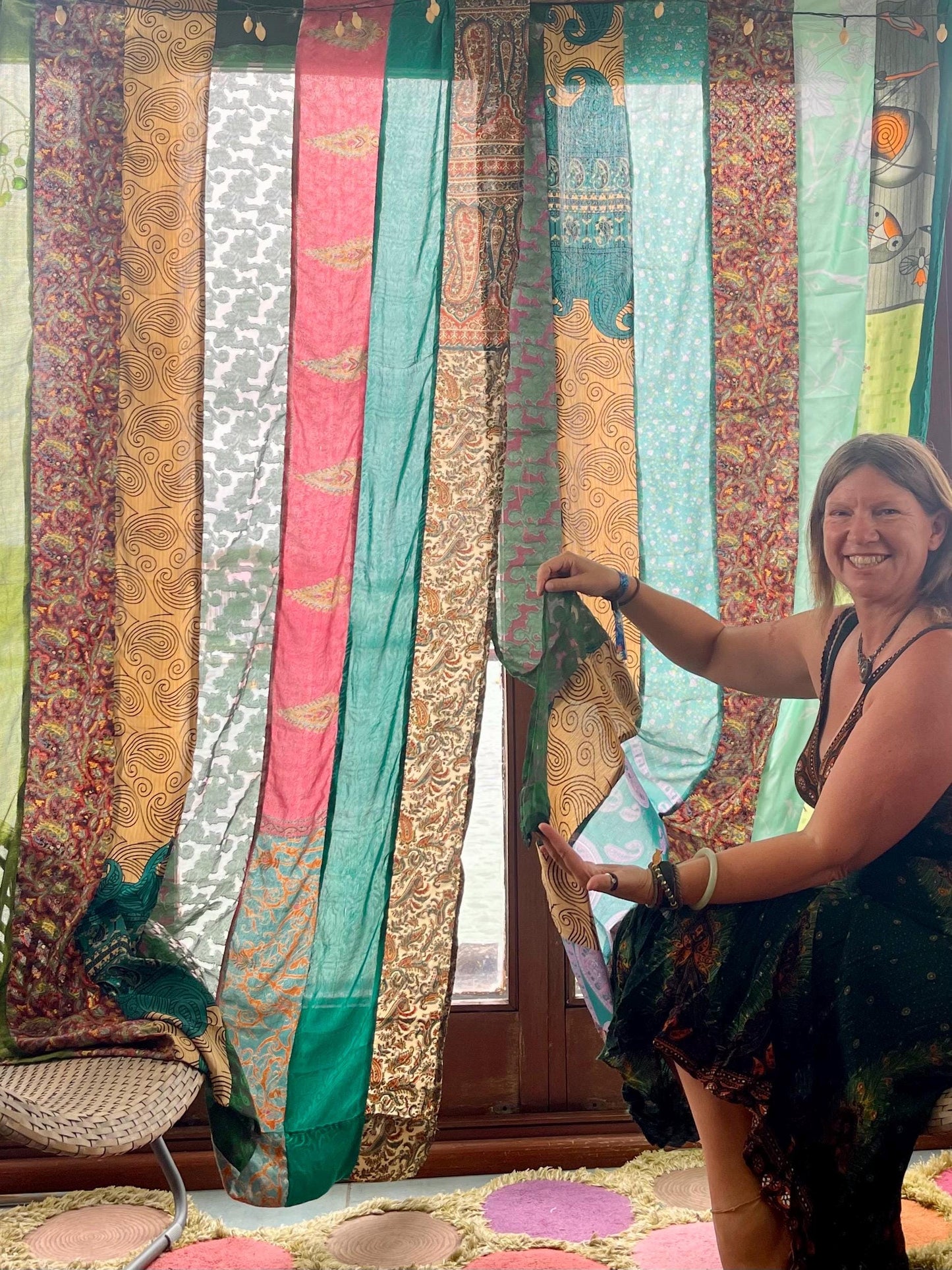 2 Handmade multicoloired & green curtains, Recycled Vintage Curtains, Ethical Furnishings, Unique Home decor, eco friendly curtains