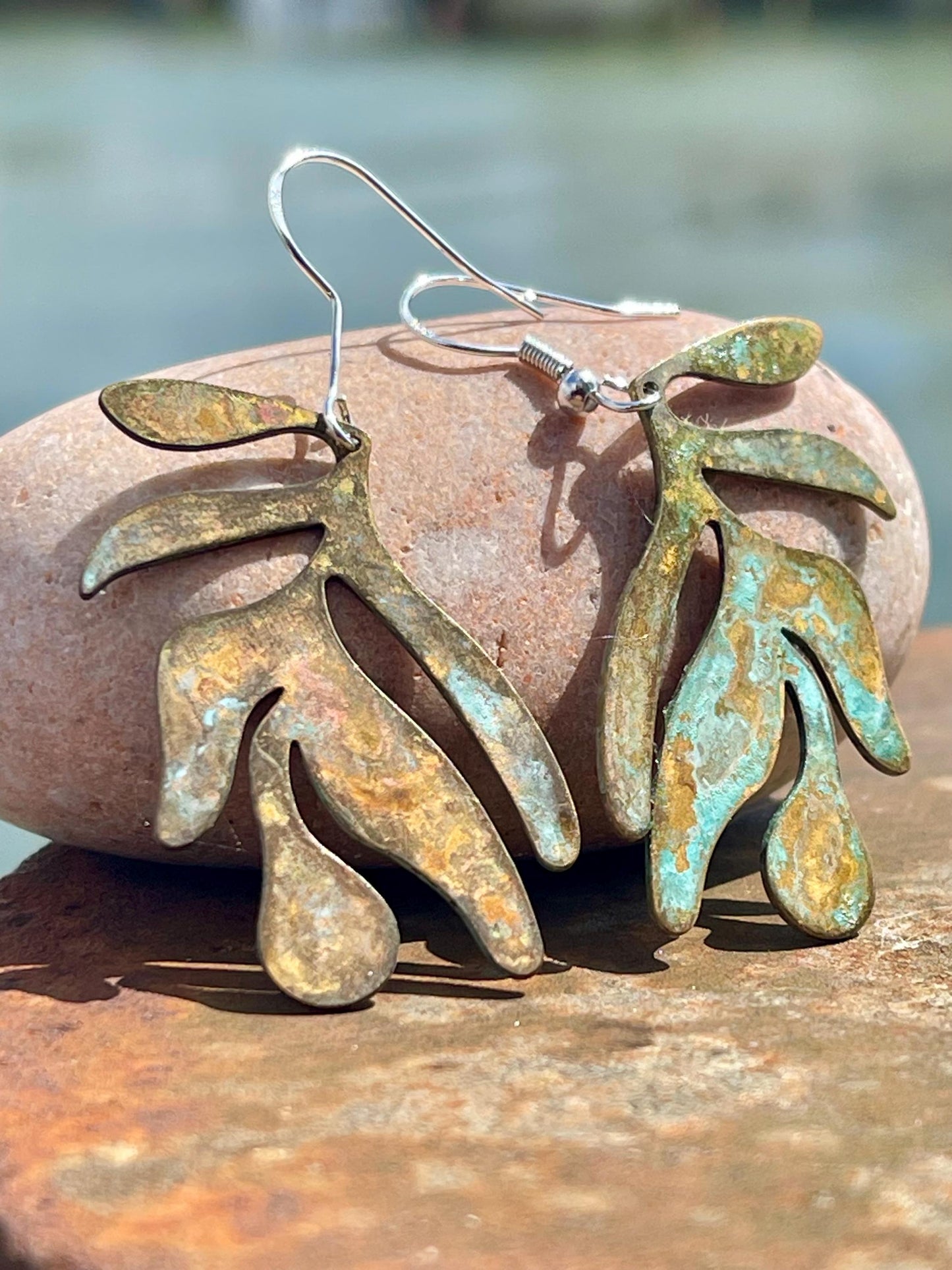 Handmade leaf earrings. Rustic earrings, unusual earrings, unusual gift for her, blue earrings, boho earrings, large statement earrings.