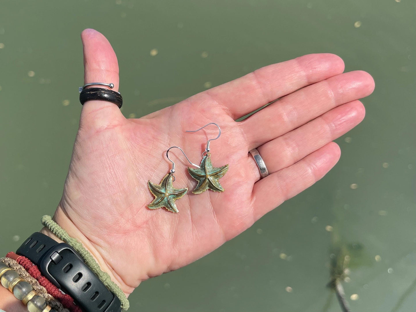 Handmade starfish earrings. Rustic earrings, unusual earrings, unusual gift for her, blue earrings, boho earrings, hippy gift. Beach earring