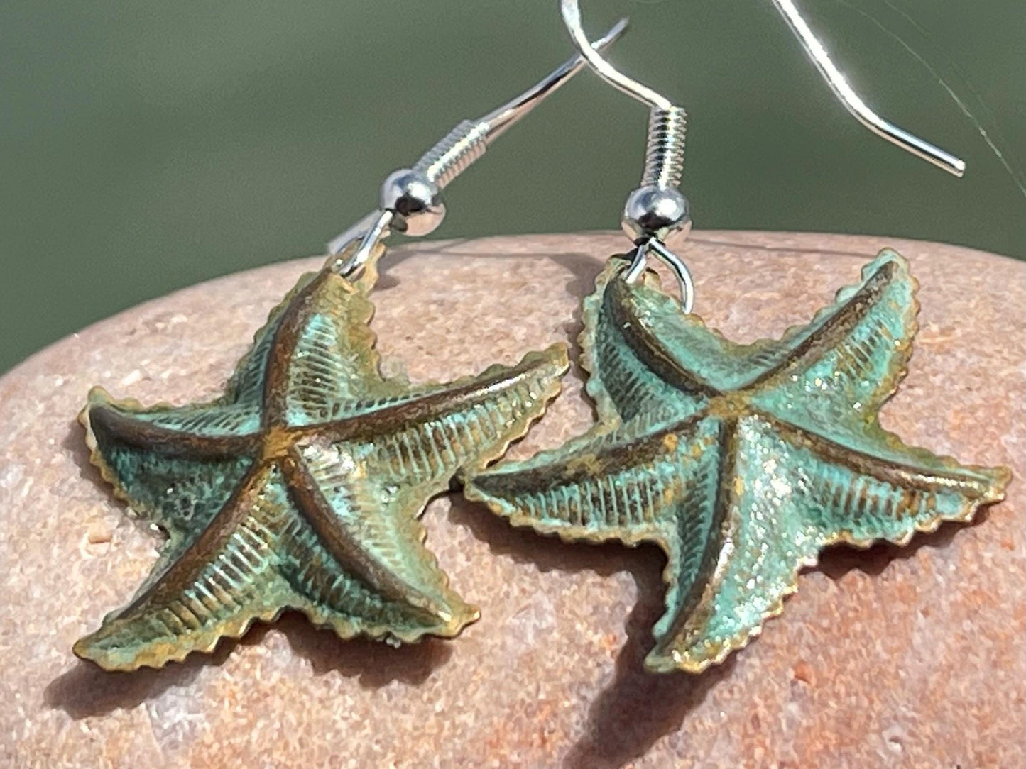 Handmade starfish earrings. Rustic earrings, unusual earrings, unusual gift for her, blue earrings, boho earrings, hippy gift. Beach earring