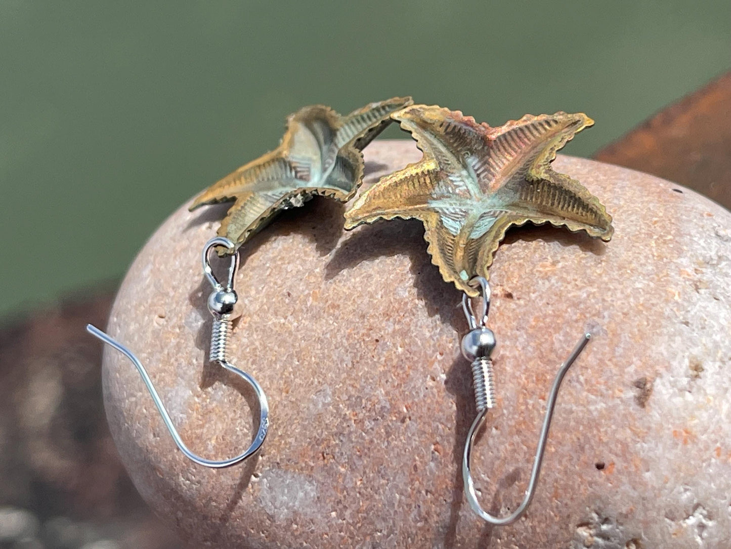 Handmade starfish earrings. Rustic earrings, unusual earrings, unusual gift for her, blue earrings, boho earrings, hippy gift. Beach earring