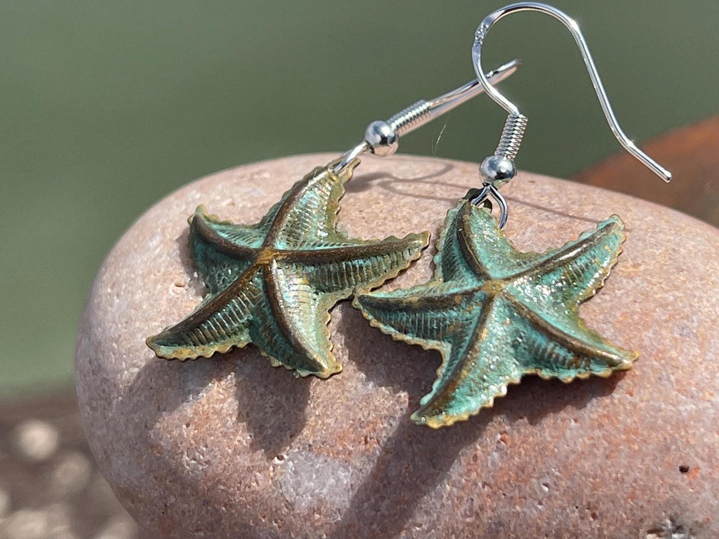Handmade starfish earrings. Rustic earrings, unusual earrings, unusual gift for her, blue earrings, boho earrings, hippy gift. Beach earring