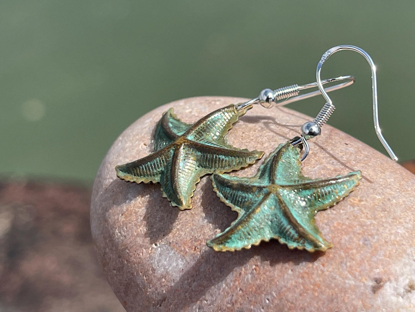 Handmade starfish earrings. Rustic earrings, unusual earrings, unusual gift for her, blue earrings, boho earrings, hippy gift. Beach earring