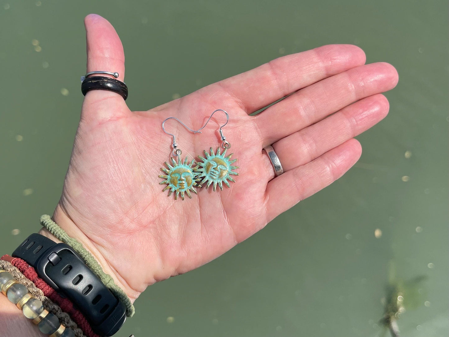 Handmade Sun earrings. Rustic earrings, unusual earrings, unusual gift for her, blue earrings, boho earrings, hippy gift. Beach earring