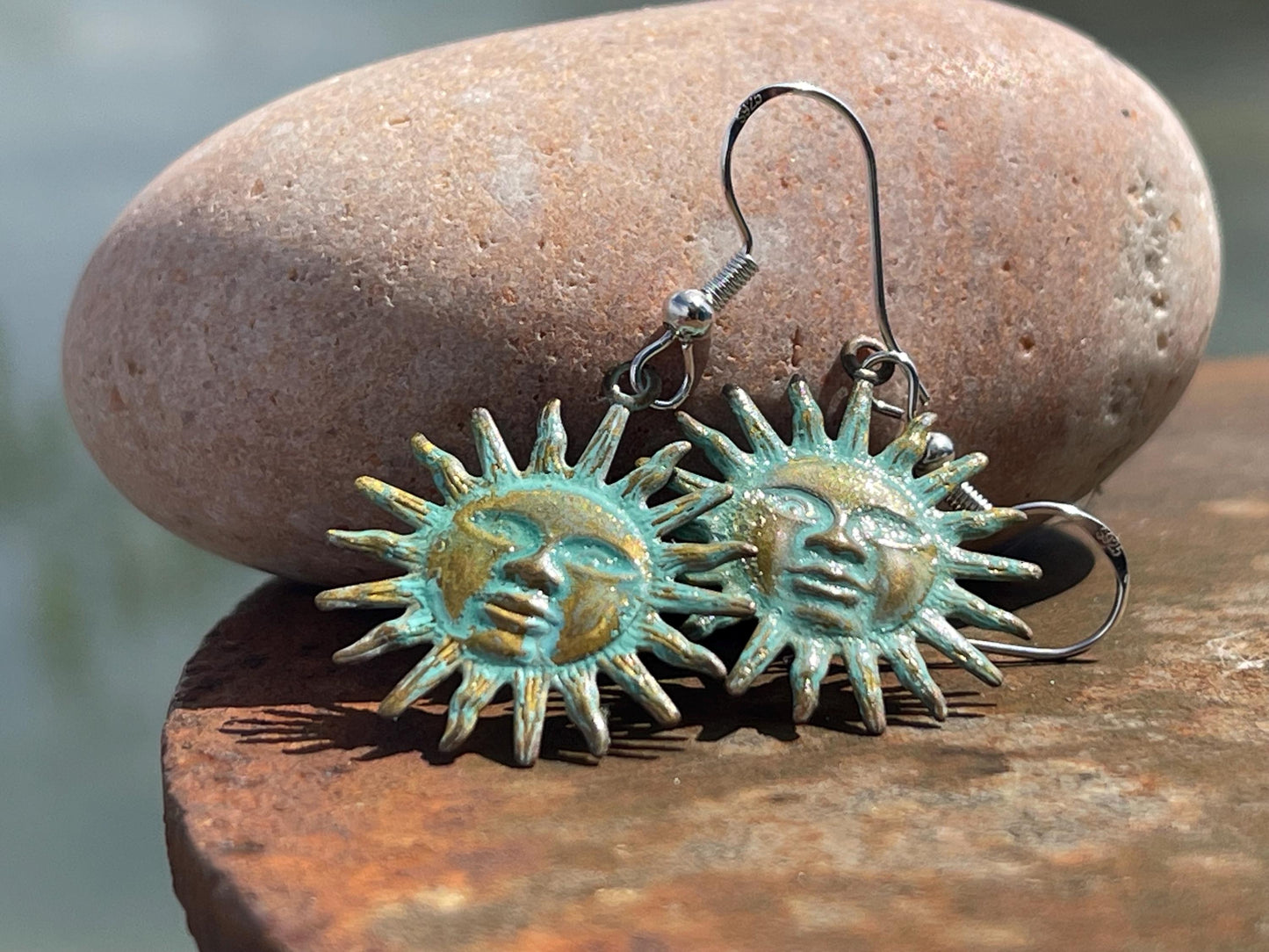 Handmade Sun earrings. Rustic earrings, unusual earrings, unusual gift for her, blue earrings, boho earrings, hippy gift. Beach earring