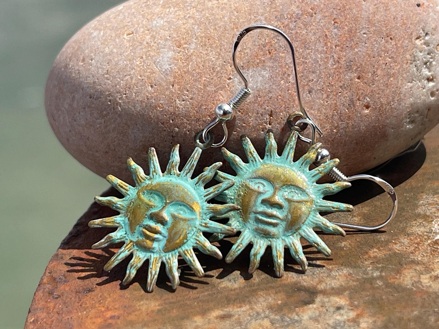Handmade Sun earrings. Rustic earrings, unusual earrings, unusual gift for her, blue earrings, boho earrings, hippy gift. Beach earring