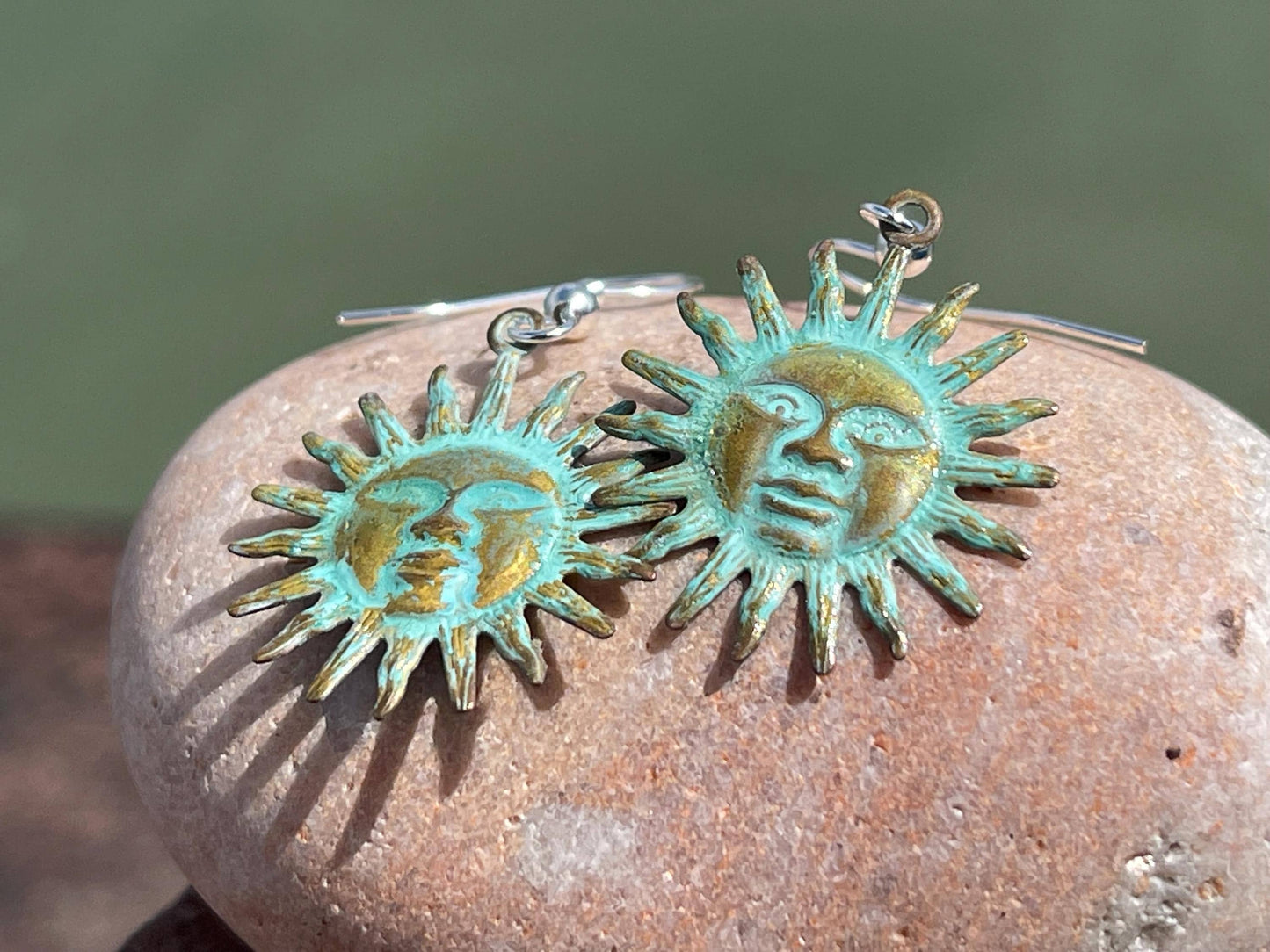 Handmade Sun earrings. Rustic earrings, unusual earrings, unusual gift for her, blue earrings, boho earrings, hippy gift. Beach earring