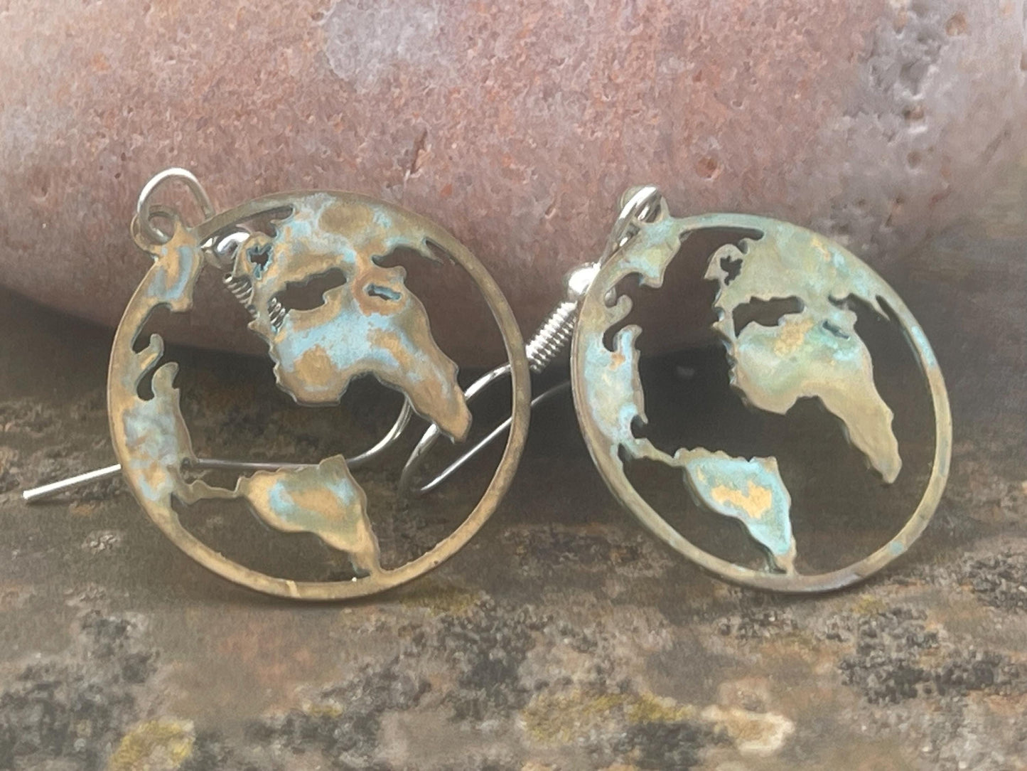 Handmade world earrings. Rustic earrings, unusual earrings, unusual gift for her, blue earrings, boho earrings, hippy gift. Earth earrings