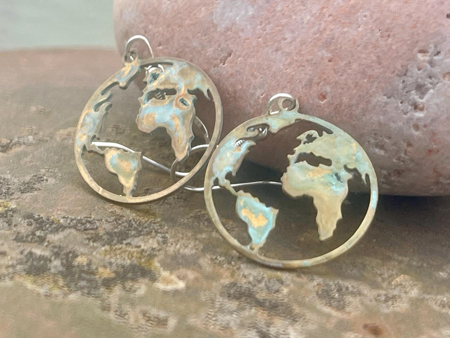 Handmade world earrings. Rustic earrings, unusual earrings, unusual gift for her, blue earrings, boho earrings, hippy gift. Earth earrings