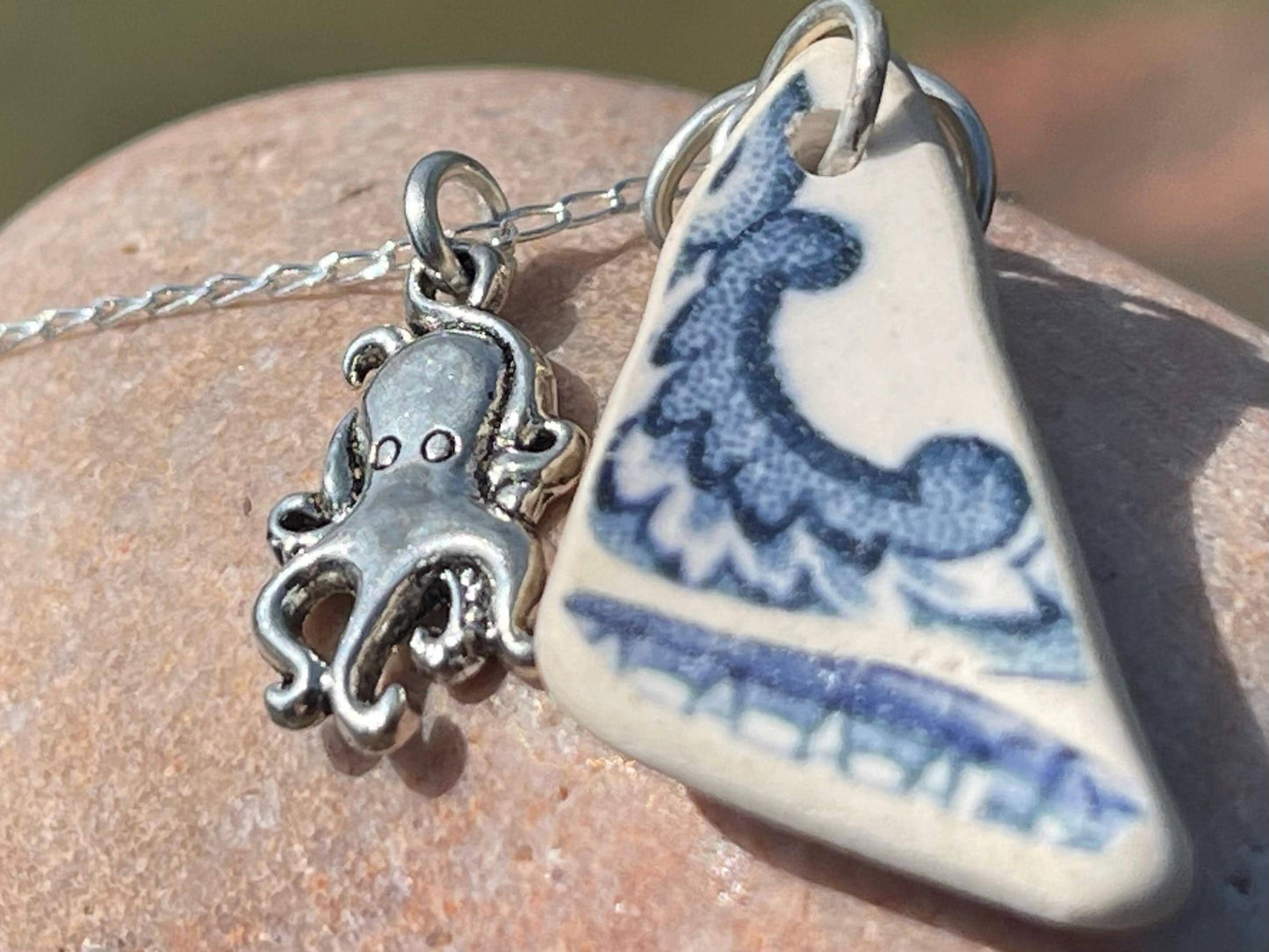 Eco friendly sea ceramic necklace on a recycled sterling silver chain showcasing a little octopus pendant, octopus necklace, eco jewellery