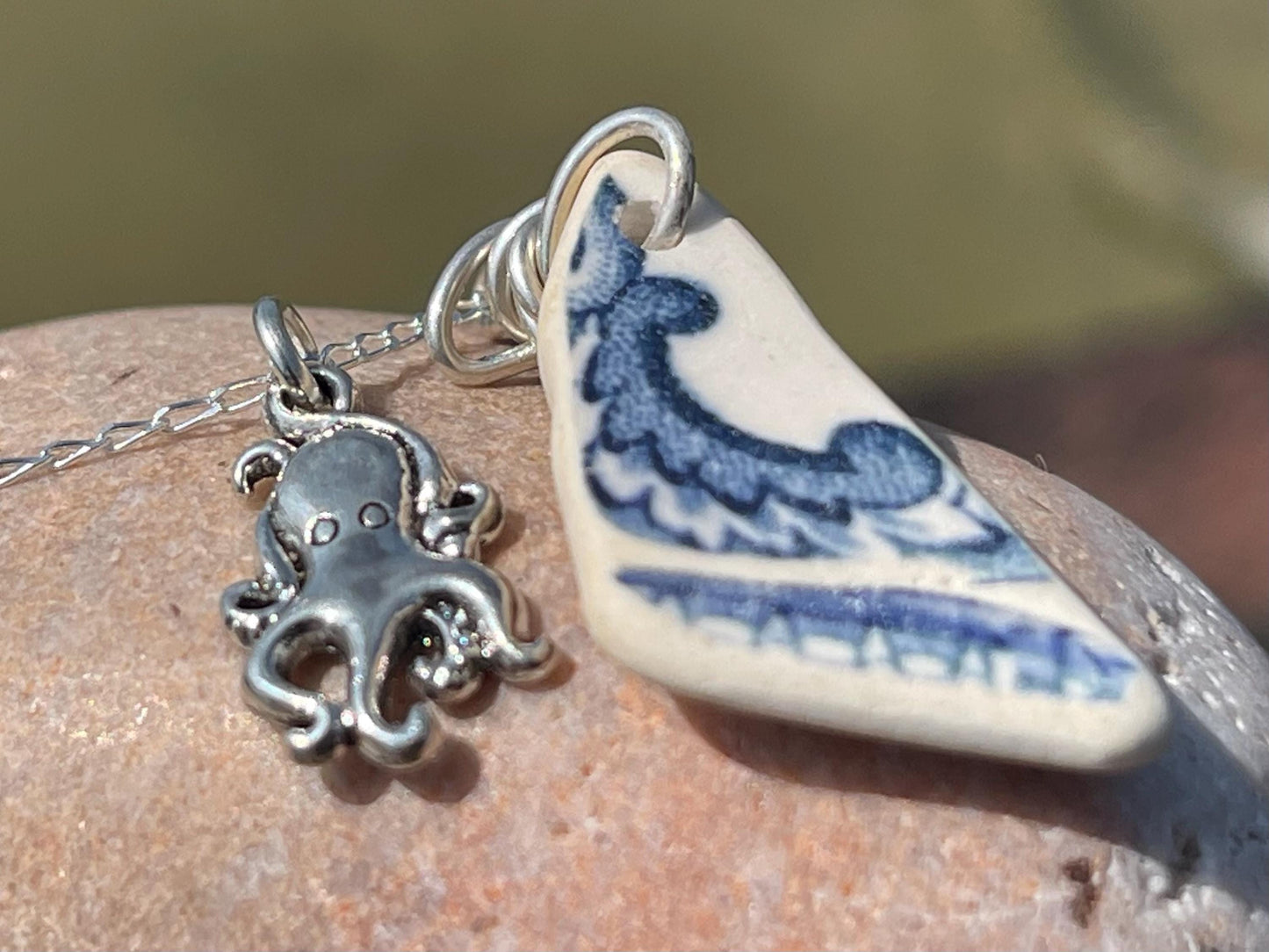 Eco friendly sea ceramic necklace on a recycled sterling silver chain showcasing a little octopus pendant, octopus necklace, eco jewellery