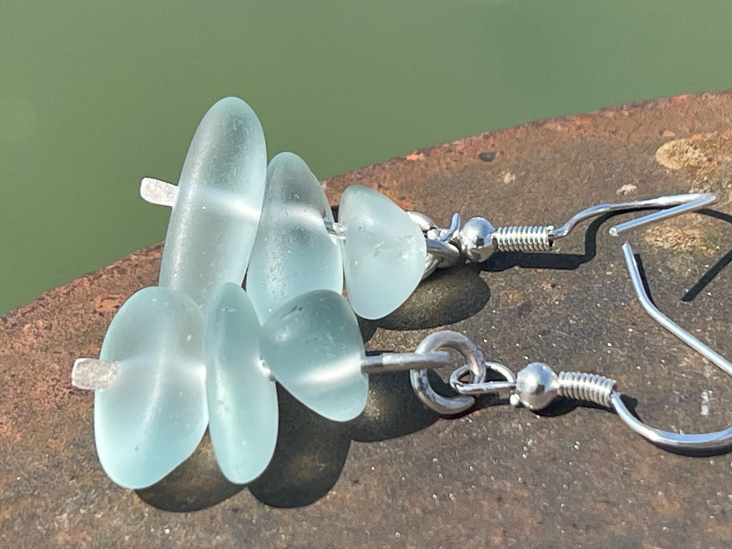 Handmade aqua sea glass earrings. Recycled earrings, Unique earrings, sea glass jewellery. Handmade gift for her. ethical jewellery