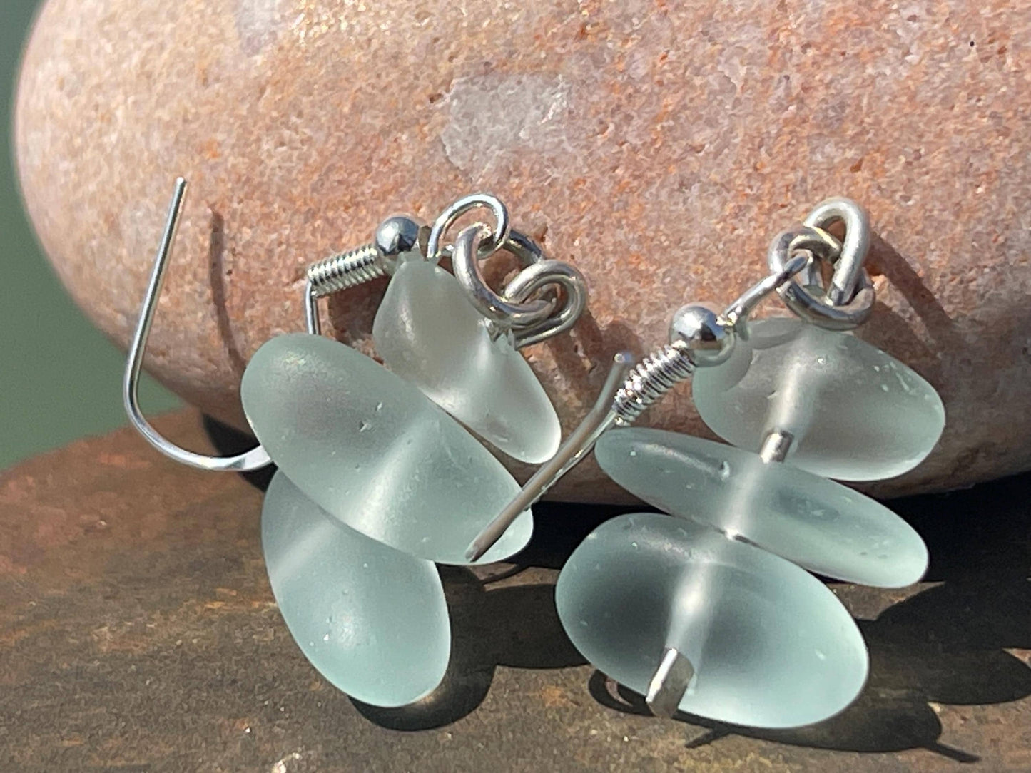 Handmade aqua sea glass earrings. Recycled earrings, Unique earrings, sea glass jewellery. Handmade gift for her. ethical jewellery