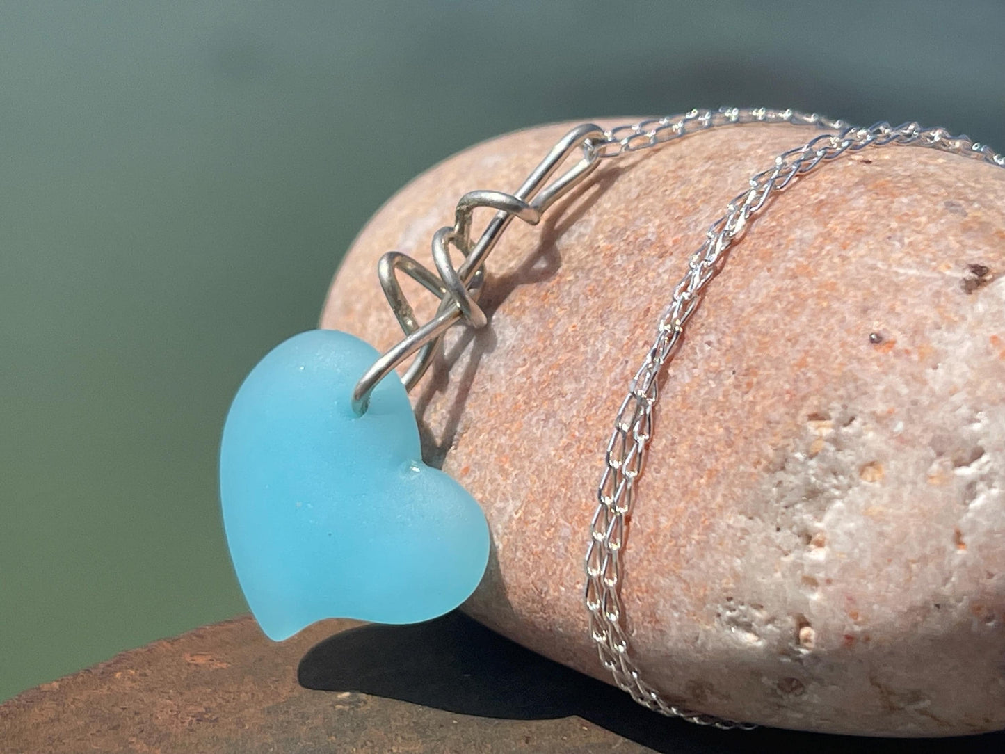Sea glass heart necklace. Recycled necklace, gift for him. Ethical jewellery. Sea glass pendant. Eco friendly necklace, boho surf jewellery