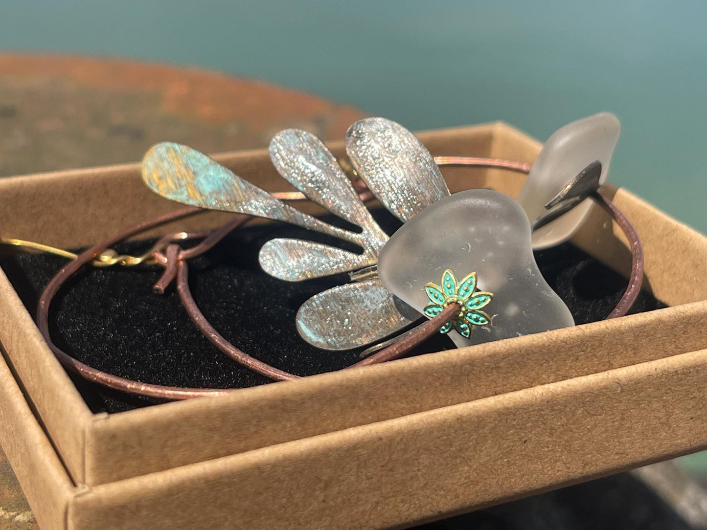 Eco friendly large sea glass & recycled copper earrings. Unique earrings, ethical jewellery, unusual boho jewellery, eco friendly jewellery.