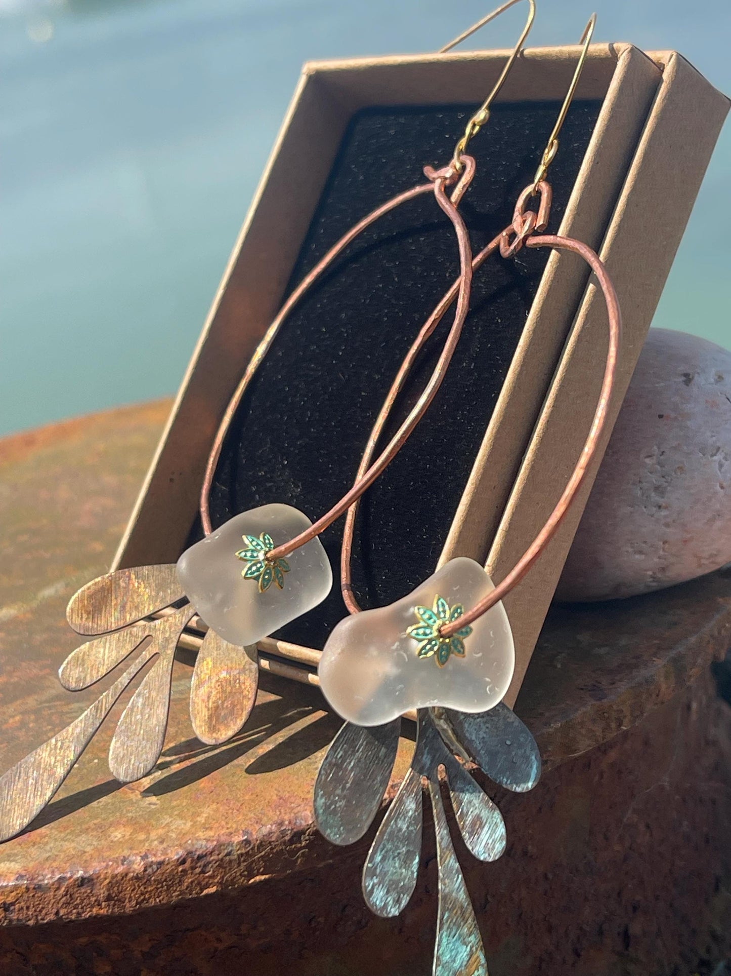 Eco friendly large sea glass & recycled copper earrings. Unique earrings, ethical jewellery, unusual boho jewellery, eco friendly jewellery.