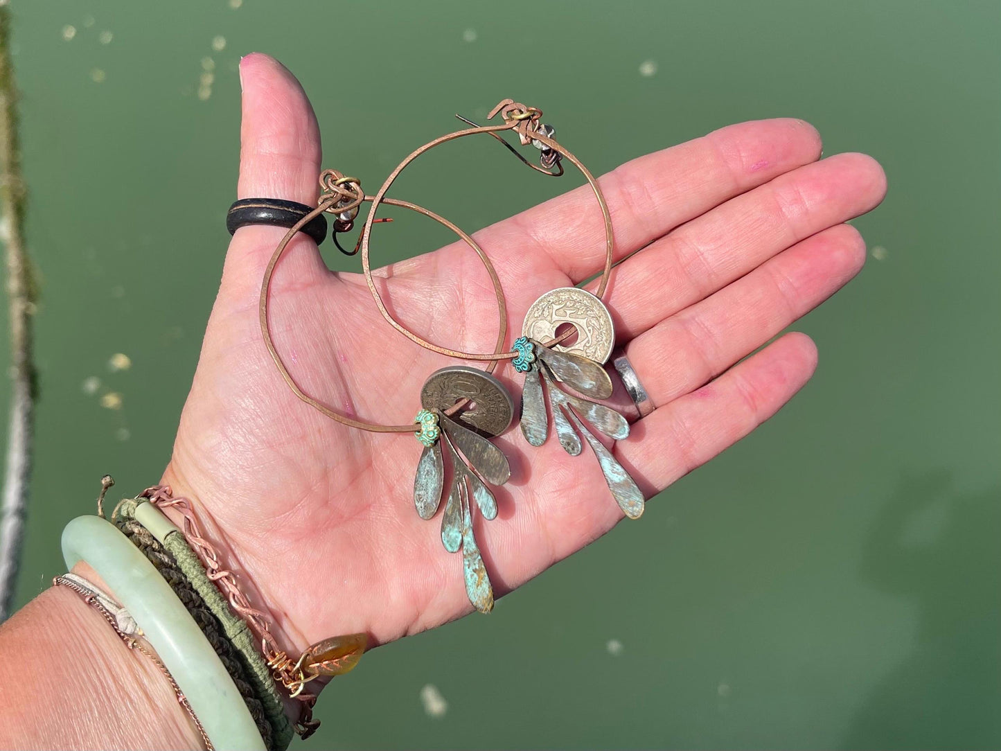 Eco friendly leaf & recycled copper earrings. Unique earrings, ethical jewellery, unusual boho jewellery, eco friendly jewellery.