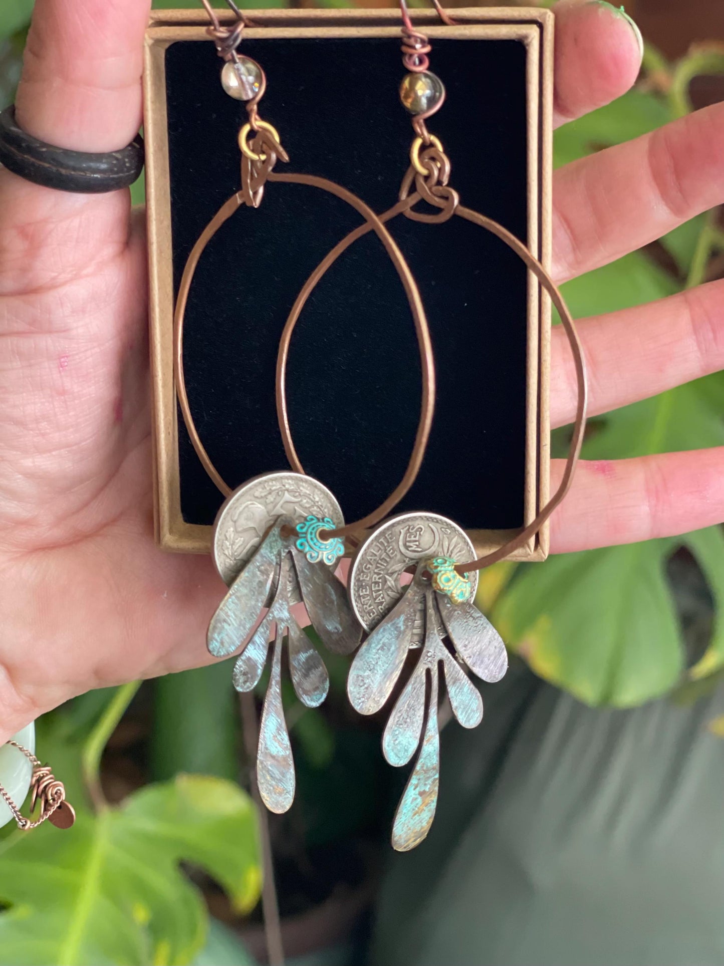 Eco friendly leaf & recycled copper earrings. Unique earrings, ethical jewellery, unusual boho jewellery, eco friendly jewellery.