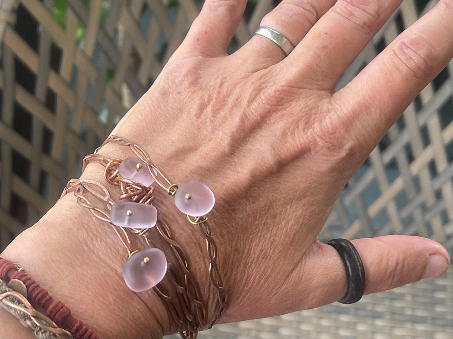 Pink sea glass and recycled copper bracelet. Eco friendly rustic beach jewellery. Unique boho jewellery. Pink sea glass bracelet. Ethical