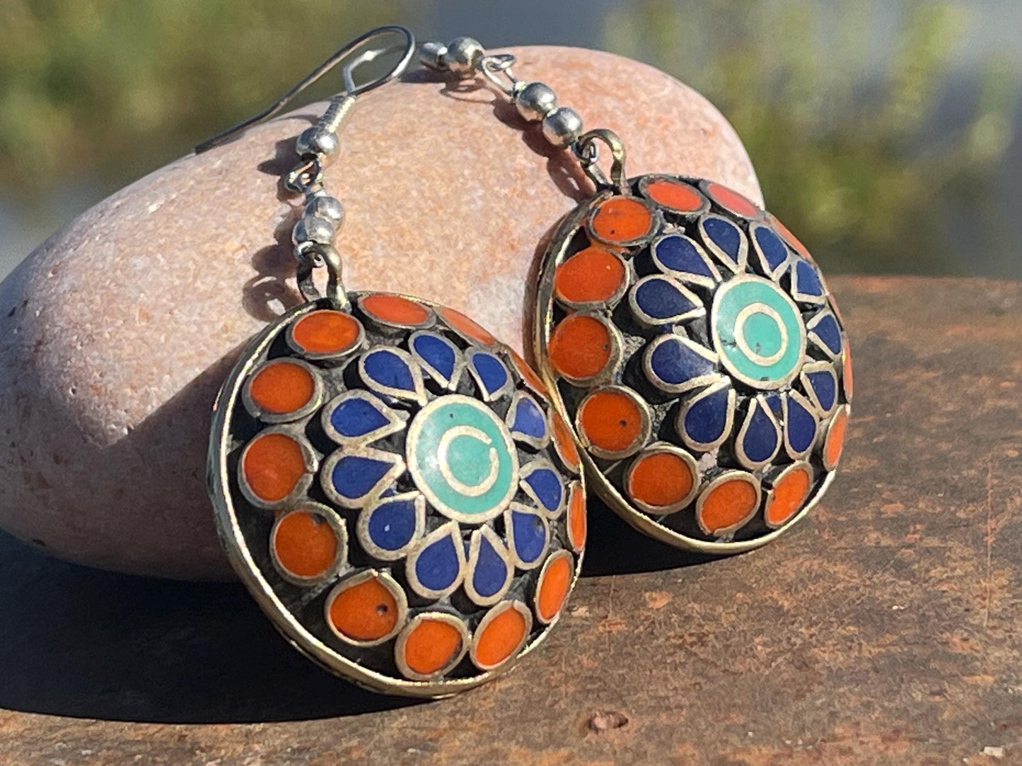 Vintage earrings, red and blue circular earrings. Eco friendly jewellery. Ethical jewellery.