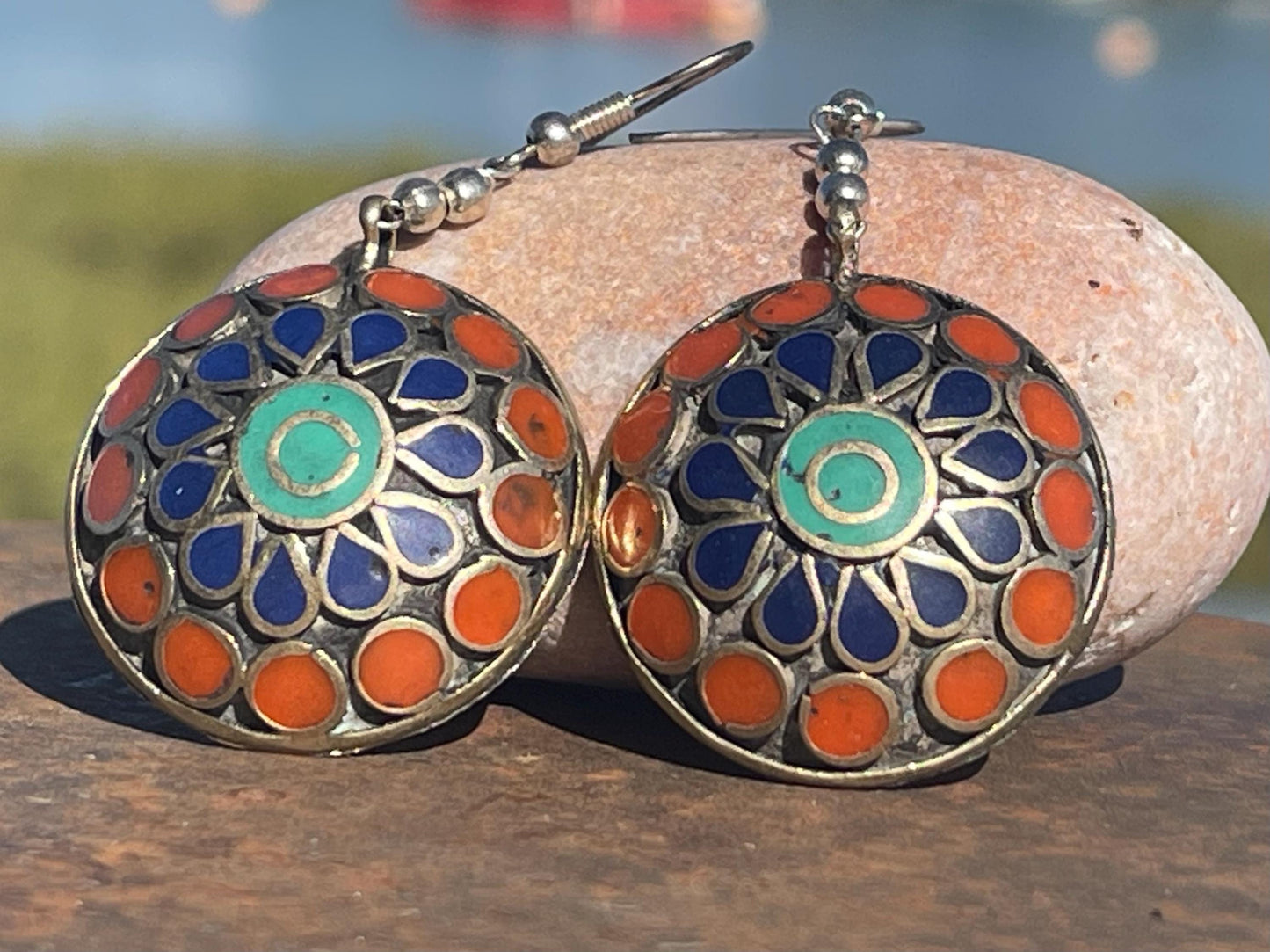 Vintage earrings, red and blue circular earrings. Eco friendly jewellery. Ethical jewellery.