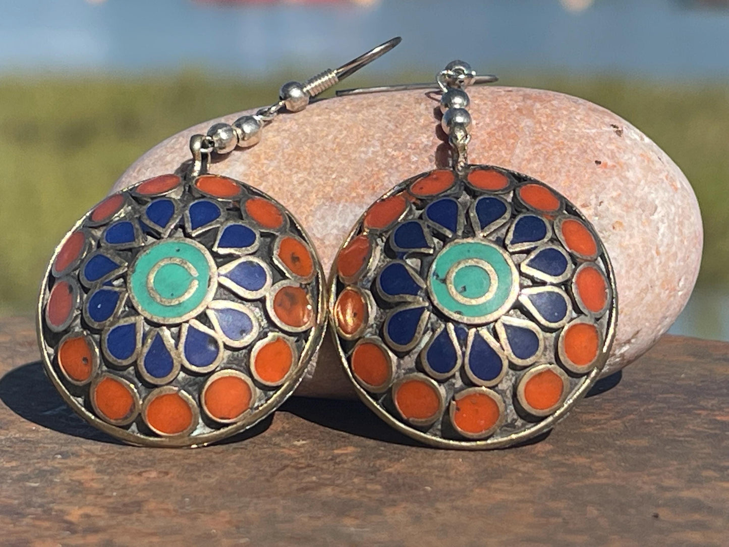 Vintage earrings, red and blue circular earrings. Eco friendly jewellery. Ethical jewellery.