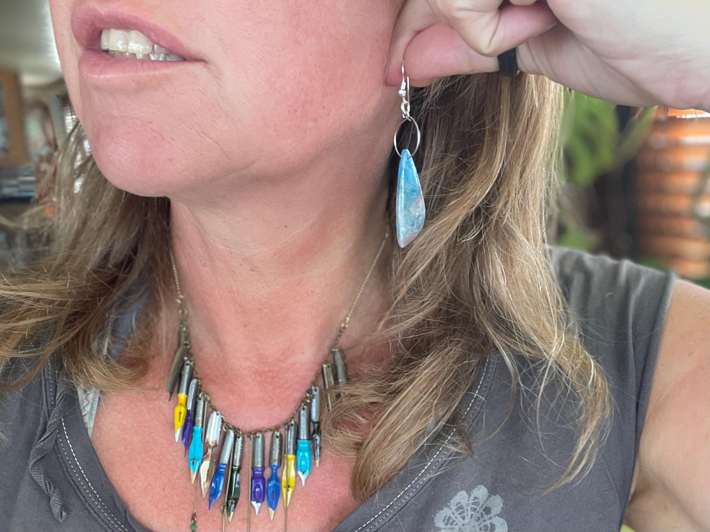 Apatite gemstone earrings on recycled sterling silver. Handmade ethical jewellery. Handmade in Sussex.