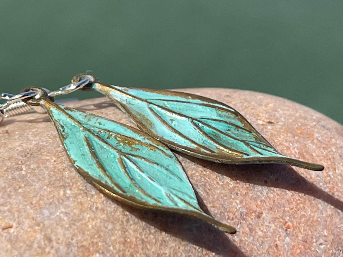 Handmade leaf earrings. Rustic earrings, unusual earrings, unusual gift for her, blue earrings, boho earrings, unusual jewellery, hippy gift