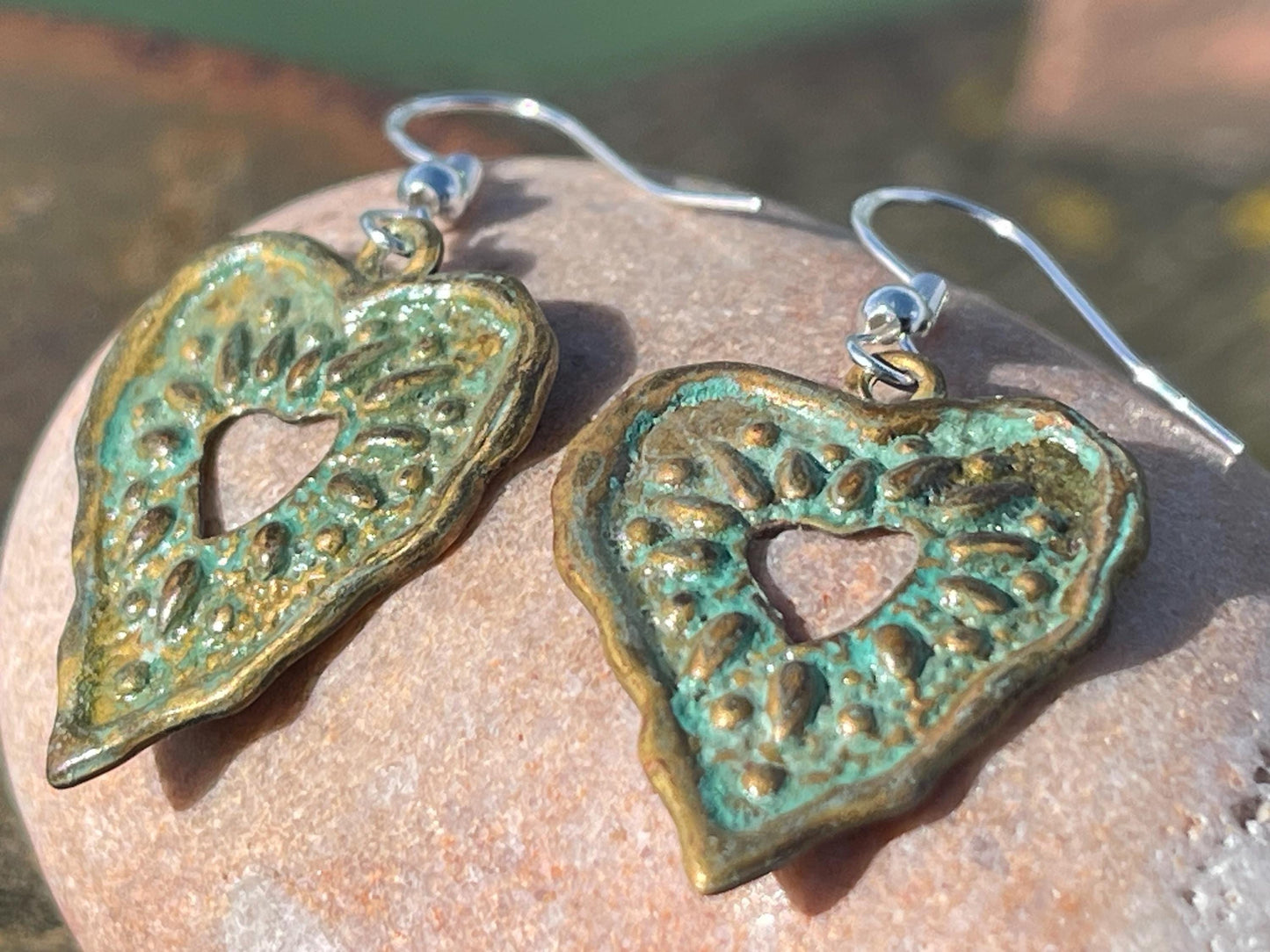 Handmade heart earrings. Rustic earrings, unusual earrings, unusual gift for her, blue earrings, boho earrings, heart jewellery, hippy gift