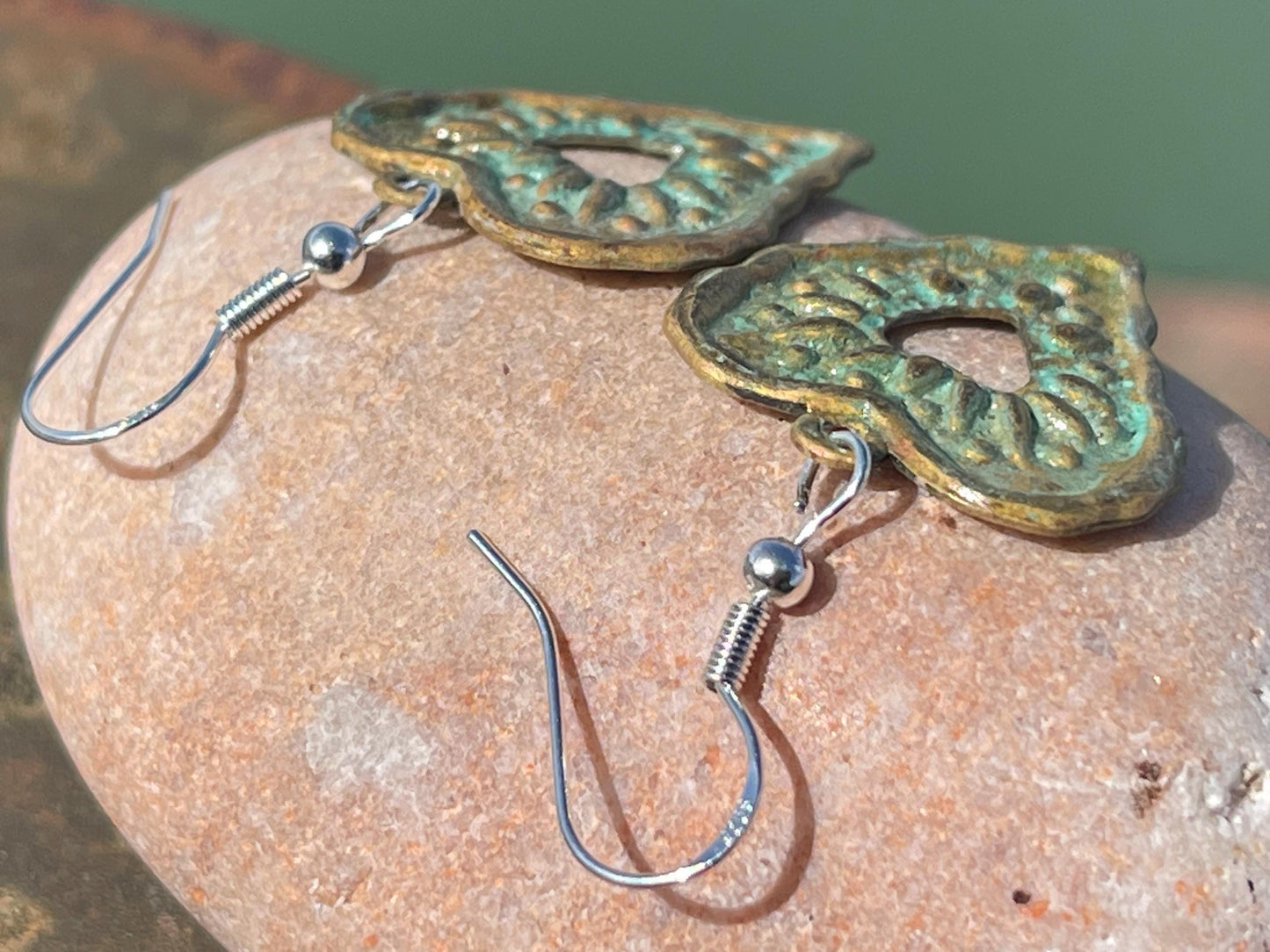 Handmade heart earrings. Rustic earrings, unusual earrings, unusual gift for her, blue earrings, boho earrings, heart jewellery, hippy gift