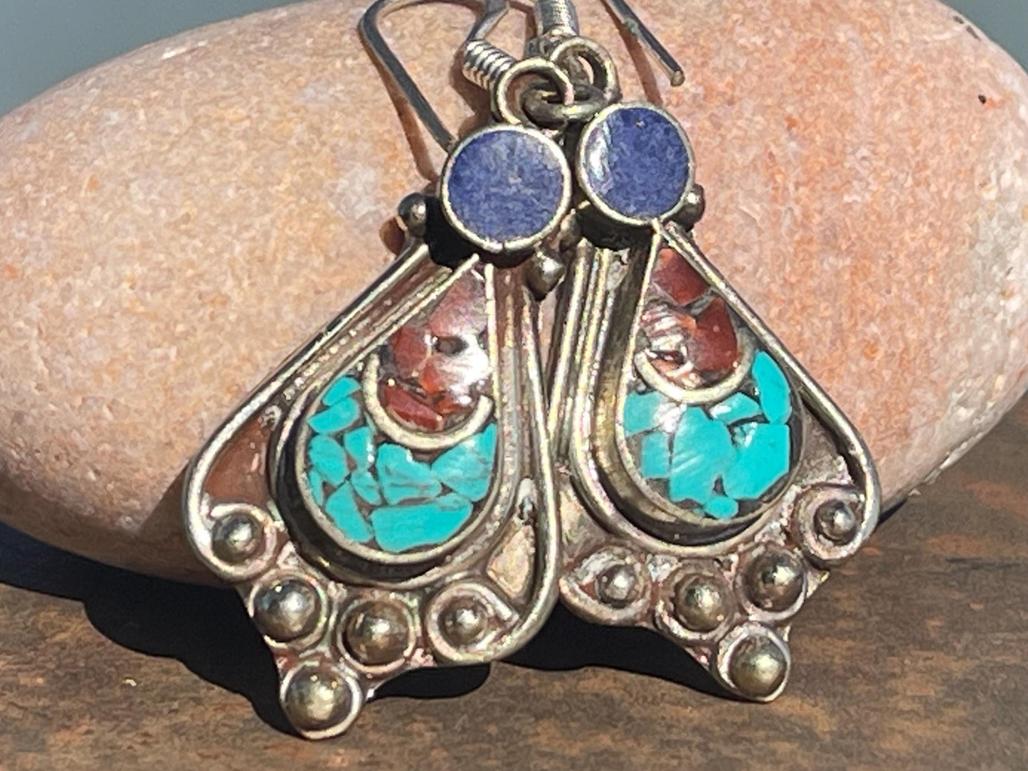 Vintage turquoise & lapis earrings, turquoise jewellery, ethical jewellery, gypsy earrings. Eco friendly jewellery. Ethical jewellery.