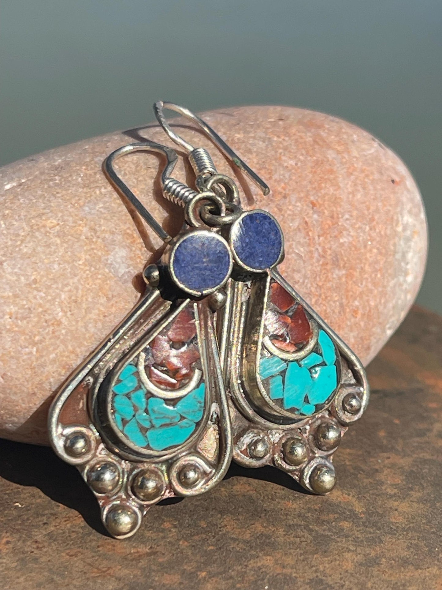 Vintage turquoise & lapis earrings, turquoise jewellery, ethical jewellery, gypsy earrings. Eco friendly jewellery. Ethical jewellery.
