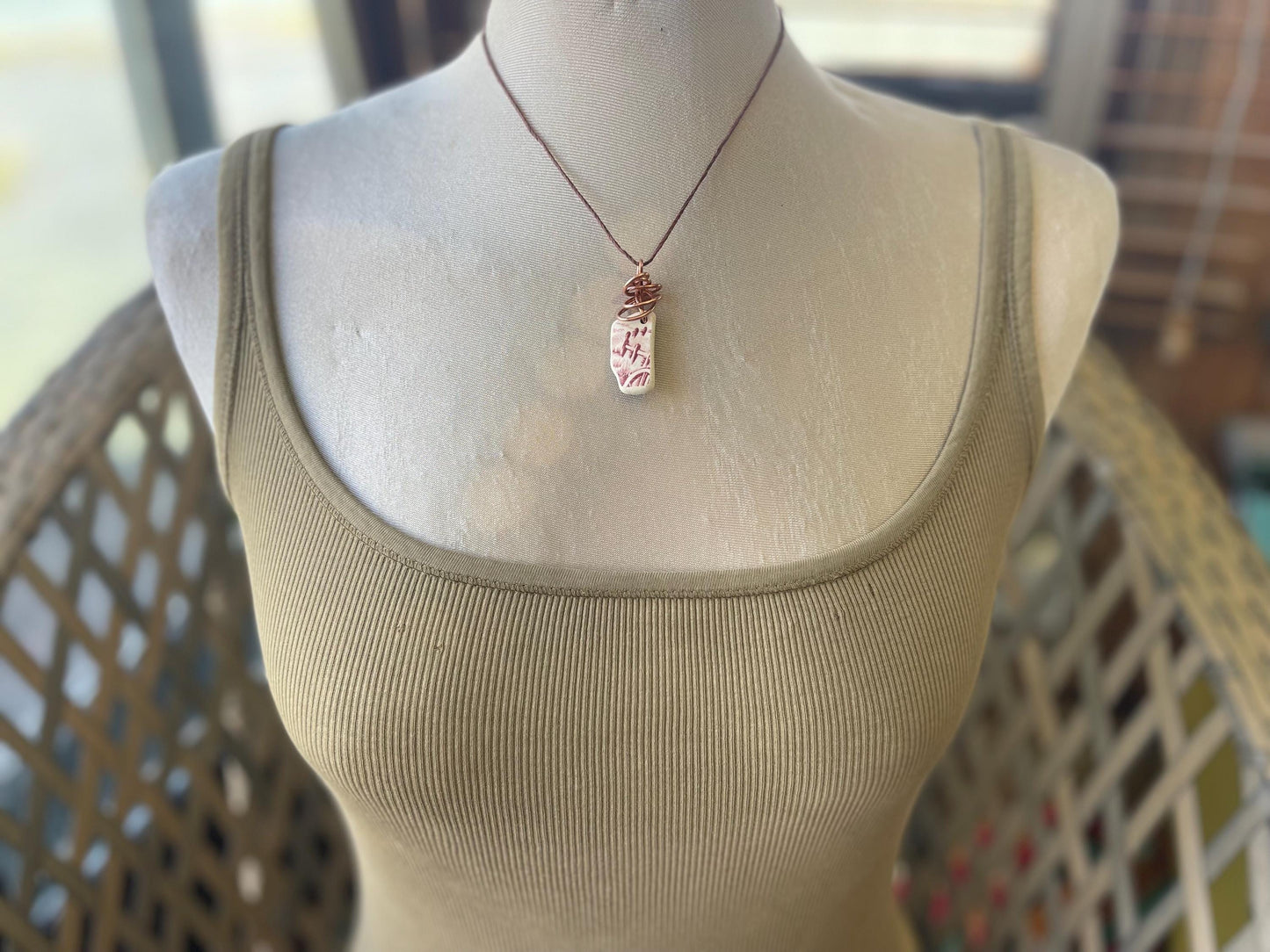 Recycled necklace, sea pottery necklace, eco friendly gift for her. Handmade necklace, ethical jewellery, pink necklace, earthy jewellery
